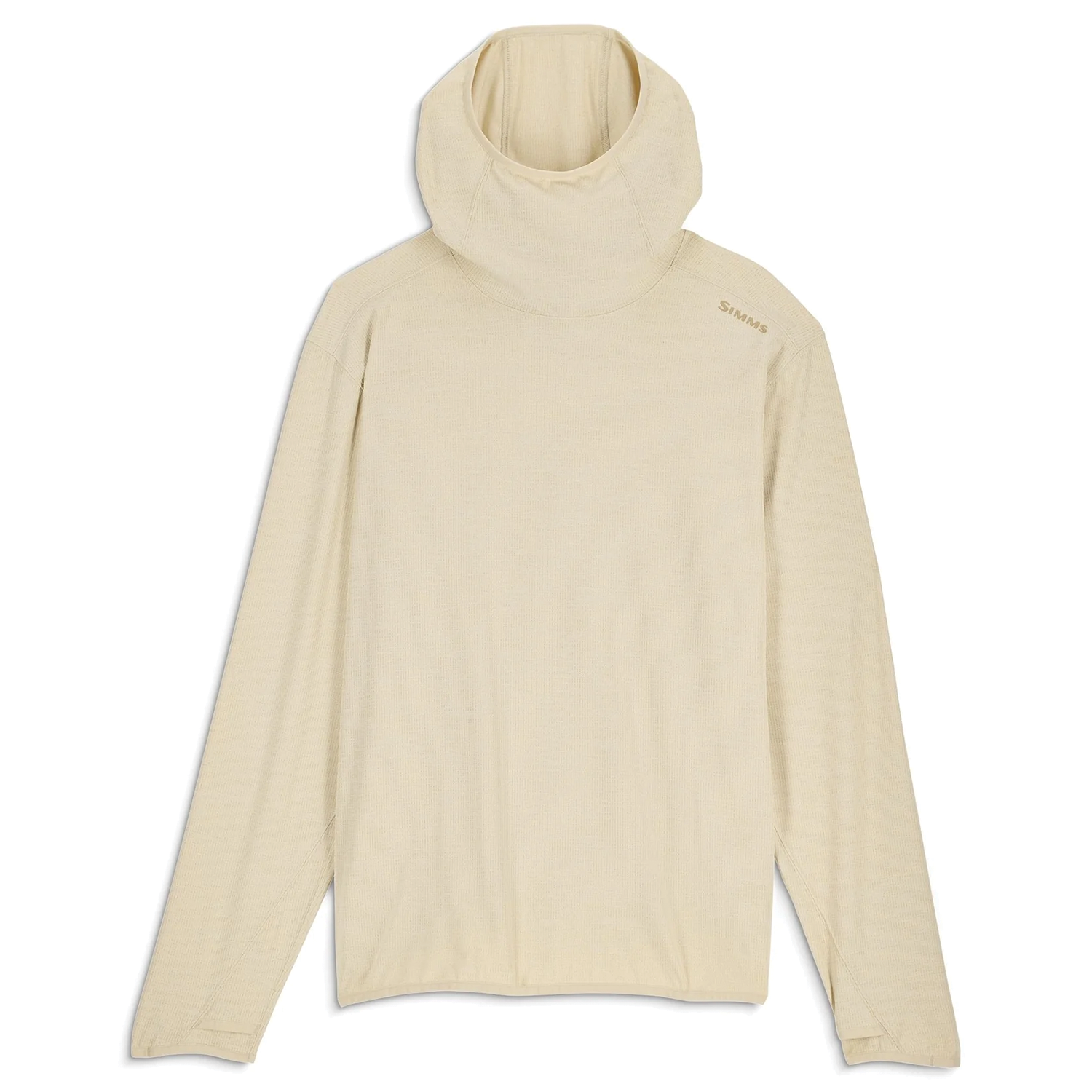 Simms Stone Cold Hoody - Men's in light beige with long sleeves and a high neck hood, designed for comfort and sun protection during fishing or outdoor activities.