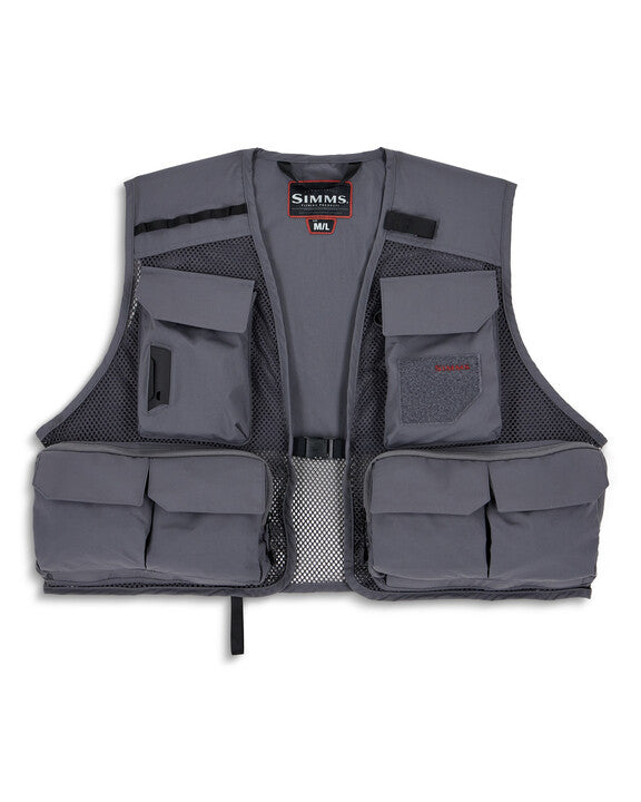 Gray fishing vest with multiple pockets and a visible brand logo on a white background