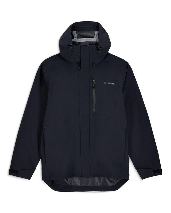 Simms Men's Challenger Rain Jacket in black with a hood, full front zipper, chest pocket, and adjustable cuffs designed for durable waterproof protection during fishing and outdoor activities.
