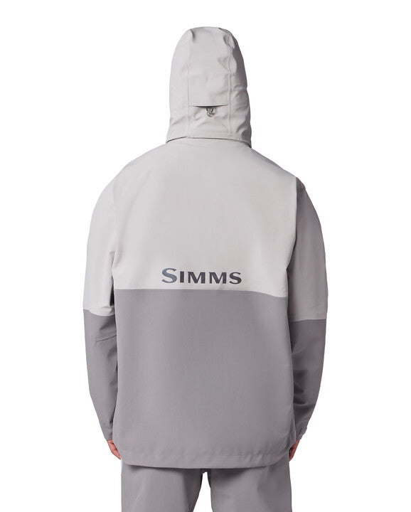 Back view of Simms Men's Challenger Rain Jacket in two-tone light and dark gray with hood, designed for weather protection while fishing.