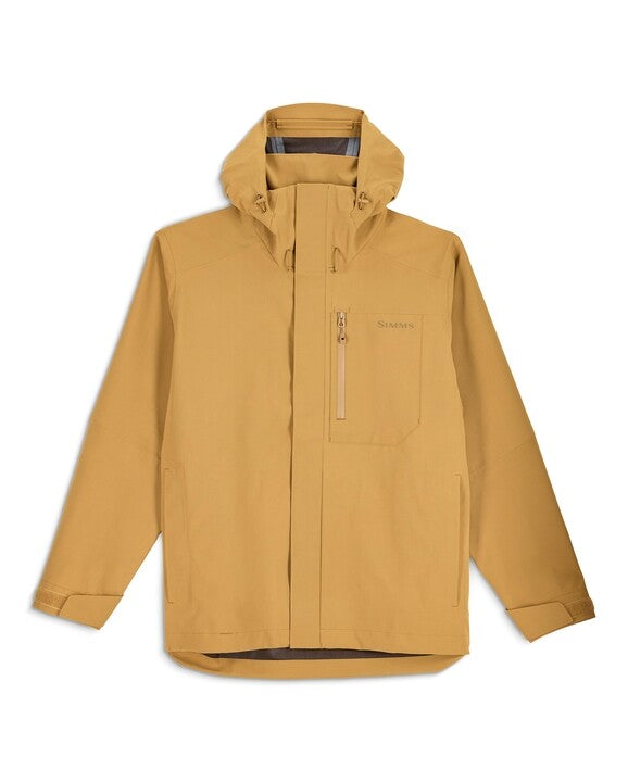 Simms Men's Challenger Rain Jacket in tan color with adjustable hood, front chest zip pocket, full front zipper with storm flap, and long sleeves designed for outdoor fishing protection.