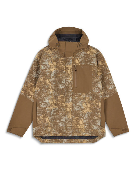 Simms Men's Challenger Rain Jacket in brown camo pattern with solid brown sleeves, featuring a hood, front zipper, chest pocket with zipper, and adjustable cuffs for outdoor fishing protection.
