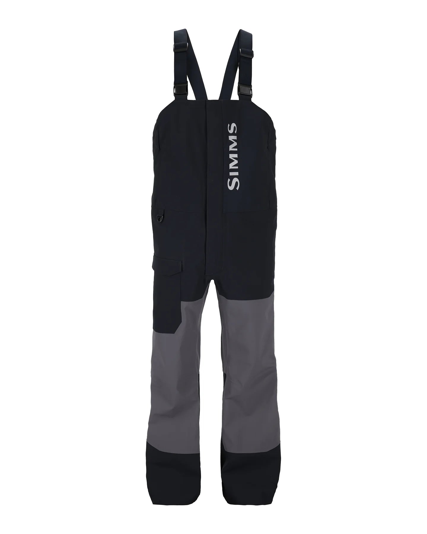 Simms Men's Challenger Rain Bib-Jet Black featuring adjustable shoulder straps, waterproof fabric, reinforced gray knee panels, and multiple pockets designed for fishing and outdoor protection.