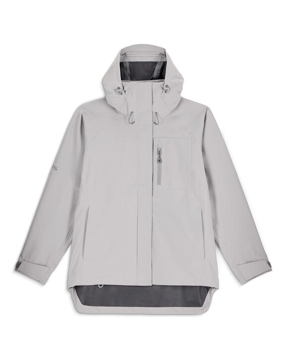 Simms W's Challenger Rain Jacket in light gray, featuring a hood, front zipper with storm flap, chest zip pocket, adjustable cuffs, and a slightly longer back hem for added protection.