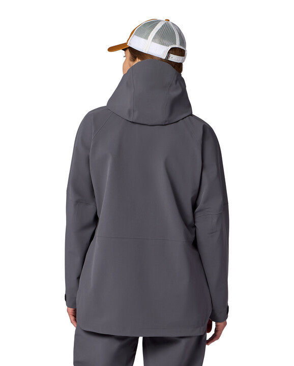 Back view of a person wearing a gray Simms W's Challenger Rain Jacket with a hood, designed for fishing and outdoor activities, paired with a white and orange mesh cap.