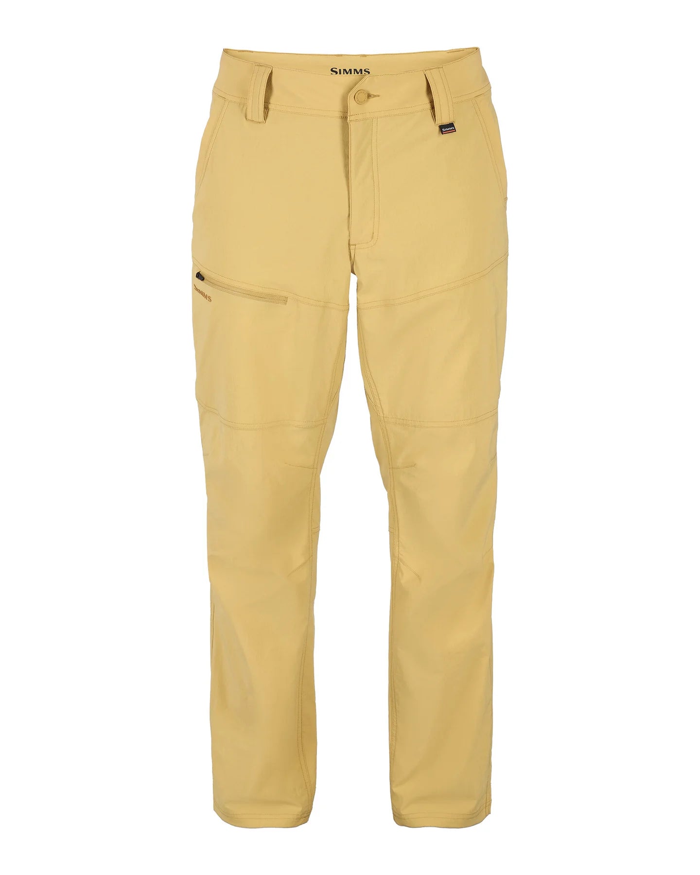 Simms Guide Fishing Pants in light tan color, designed with multiple pockets, belt loops, and reinforced stitching for durability and comfort during fishing activities.