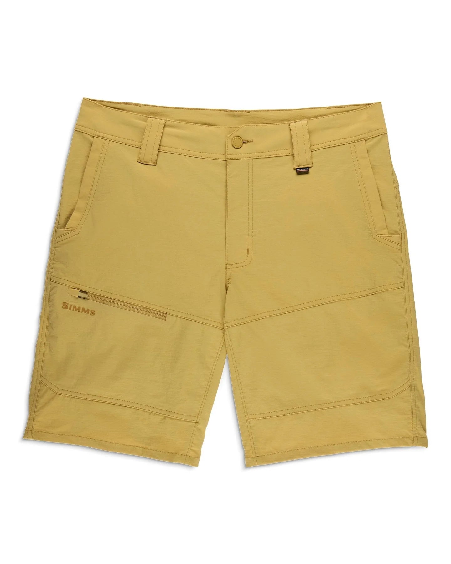 Simms Guide Shorts in tan color, featuring multiple pockets including a zippered side pocket, belt loops, and reinforced stitching for durability during fishing activities.