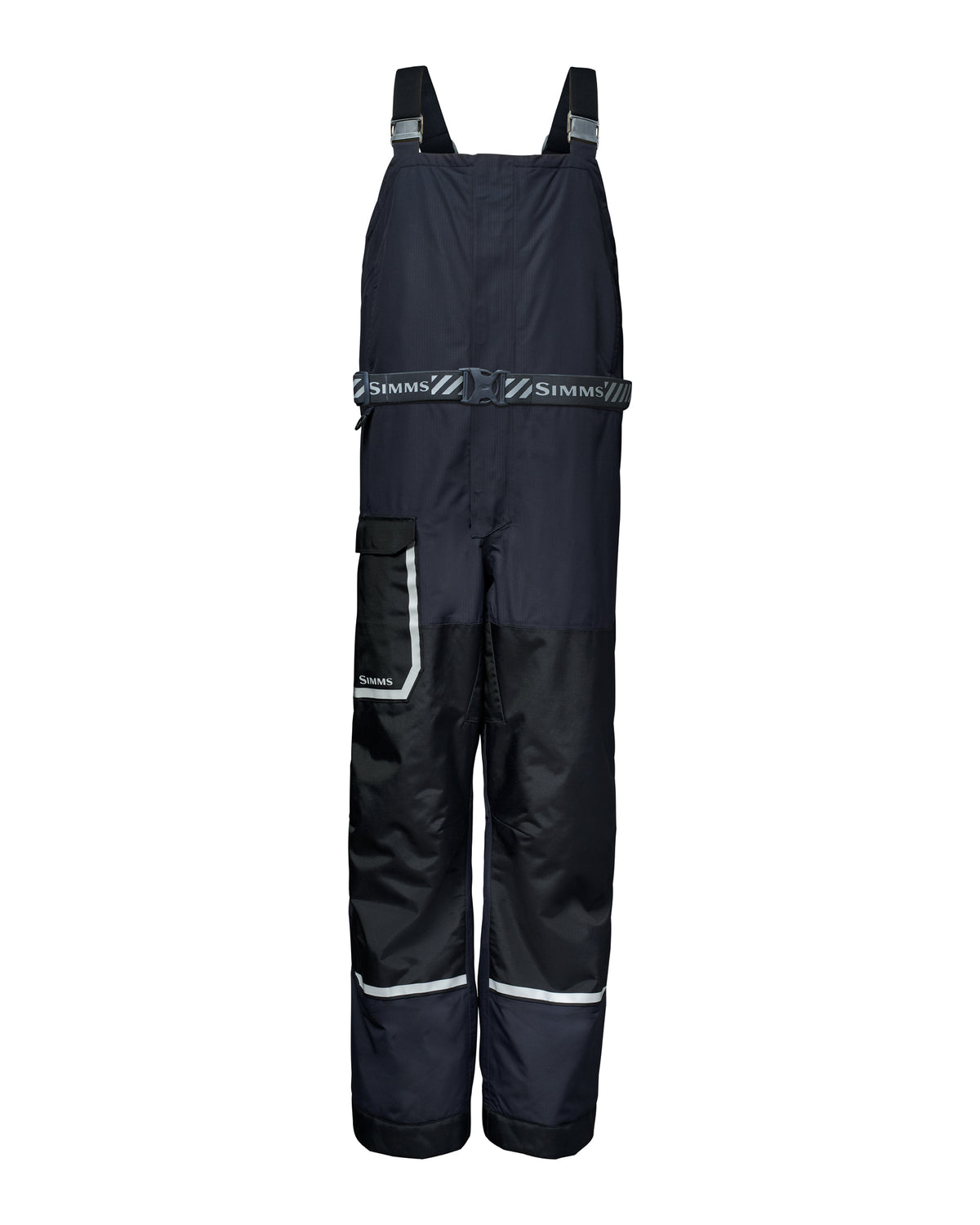 Simms Challenger Insulated Bib in black with adjustable shoulder straps reflective leg accents and a utility pocket for cold weather fishing protection