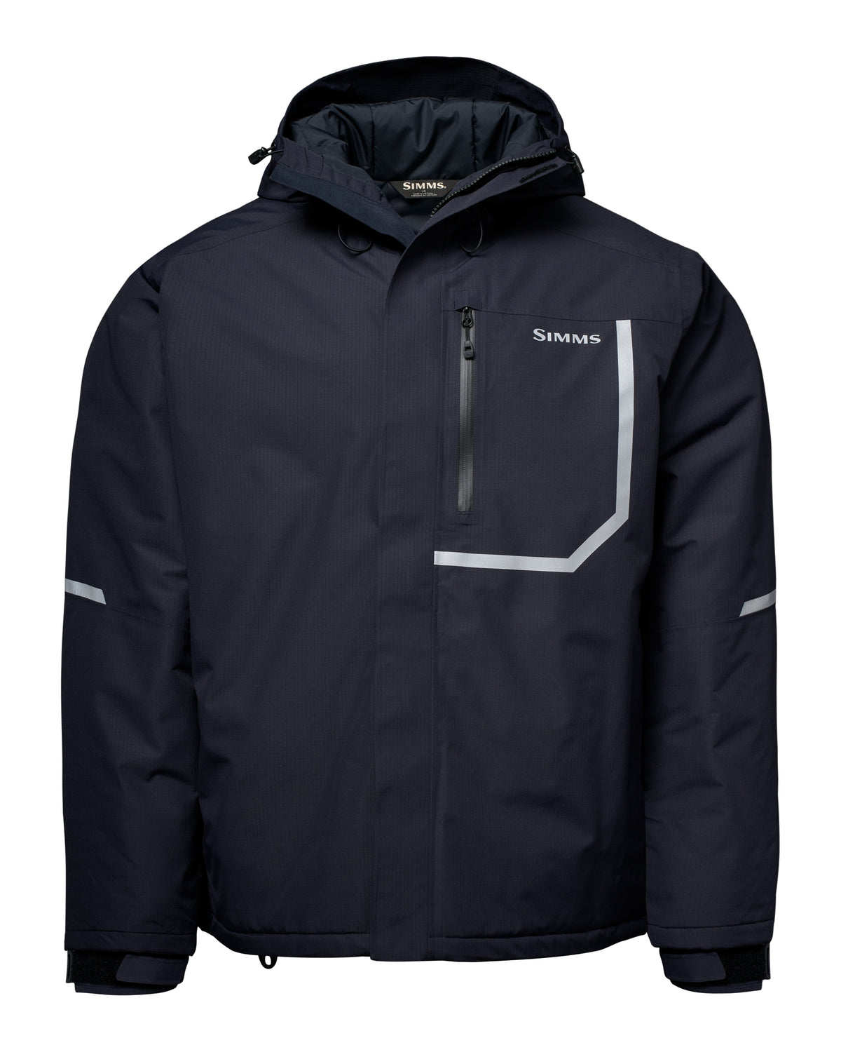 Simms Challenger Insulated Jacket in black with hood zippered front reflective trim and adjustable cuffs for cold weather fishing and outdoor use