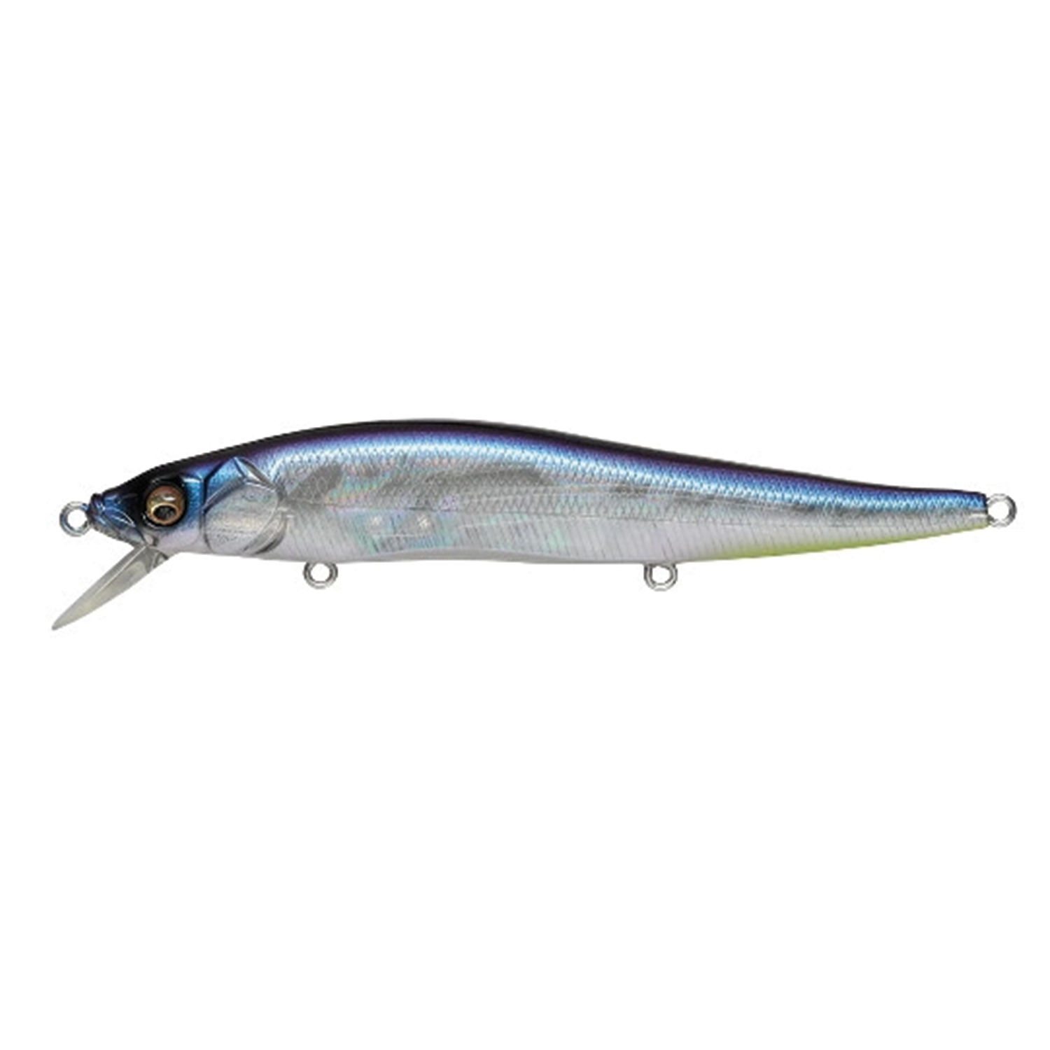 Megabass Vision 110 fishing lure with a slender, minnow-shaped body in blue and silver tones designed for realistic movement to attract musky and other fish.