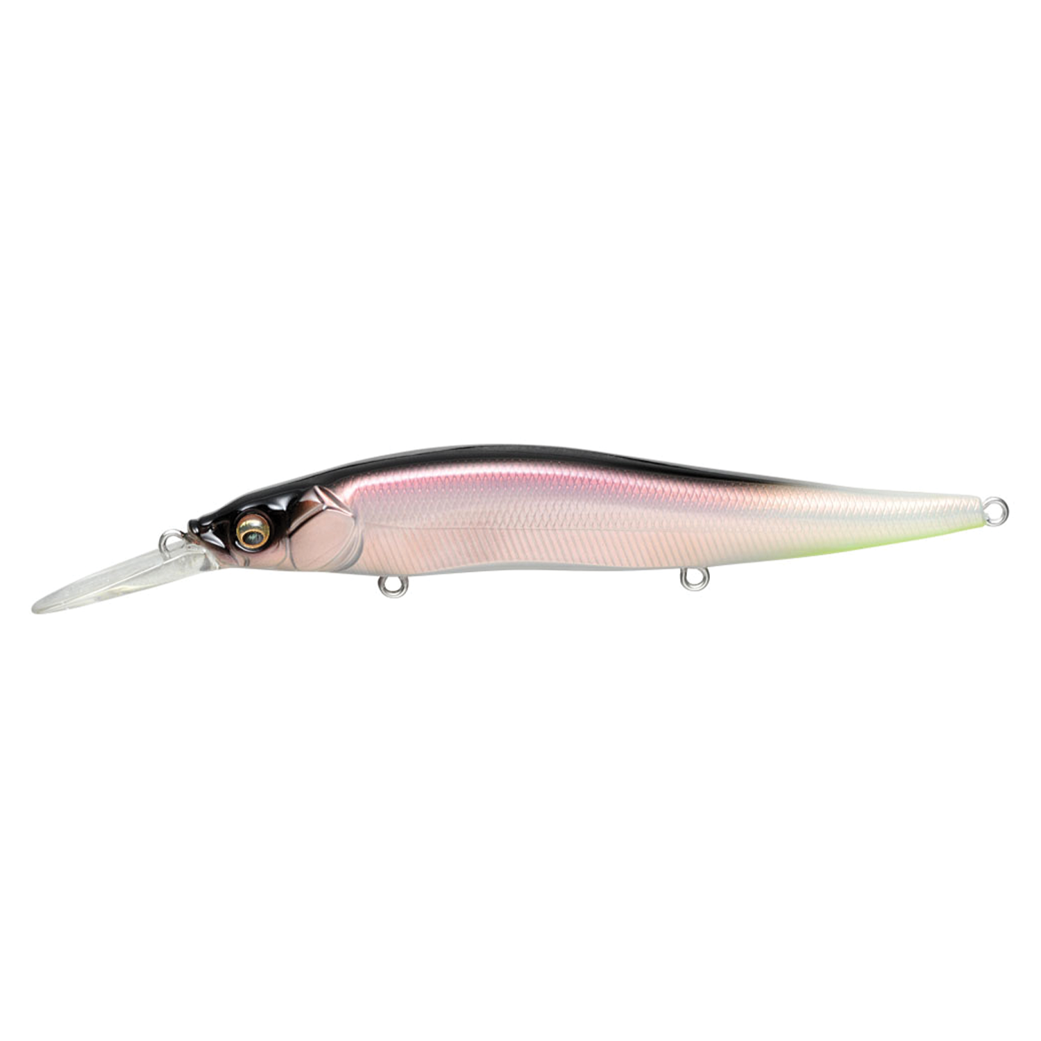 Megabass Vision 110+1 fishing lure with a sleek, elongated body in black and reflective pink tones, designed for realistic movement in freshwater fishing.