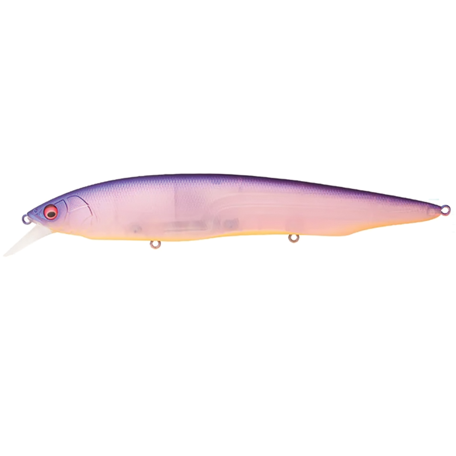 Megabass Kanata fishing lure in translucent purple and pink shades with realistic fish scale texture and three attachment points for hooks and line.