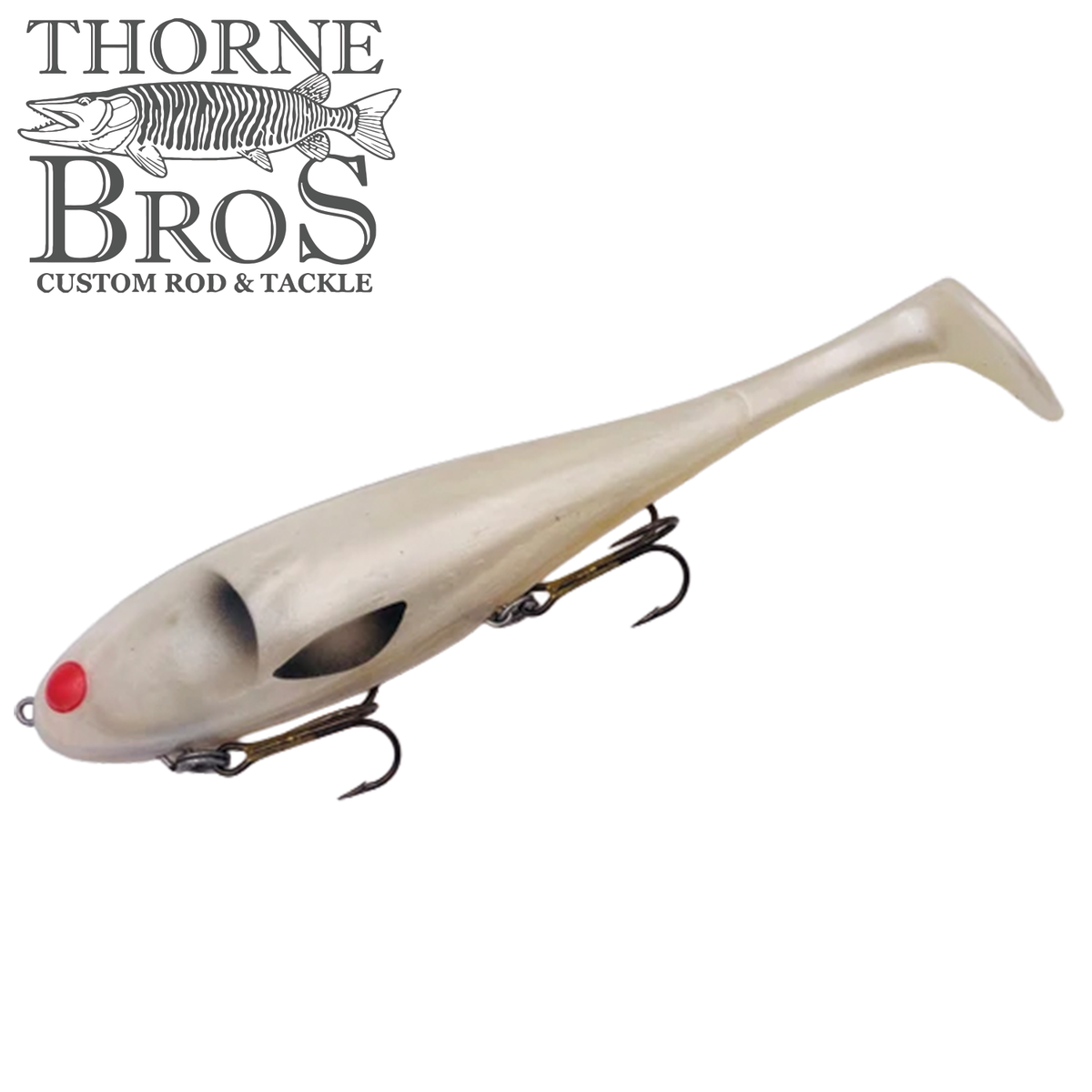 Musky Innovations Magnum Swimmin' Dawg - SHALLOW soft plastic fishing lure with pale body red nose curled tail and two treble hooks
