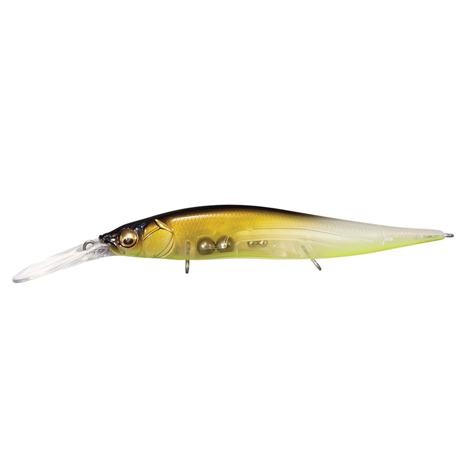 Megabass Vision 110+2 Jr. fishing lure with a sleek, elongated body in gradient colors of black, gold, and translucent yellow, designed for realistic fish action.