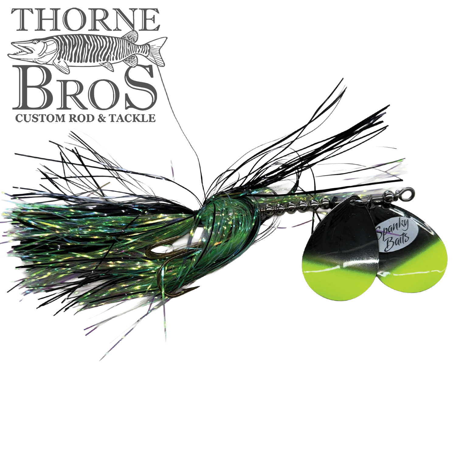 Spanky Baits Fireball 8" fishing lure with iridescent green, black, and yellow skirt and two reflective silver and yellow spinner blades designed for freshwater fishing.