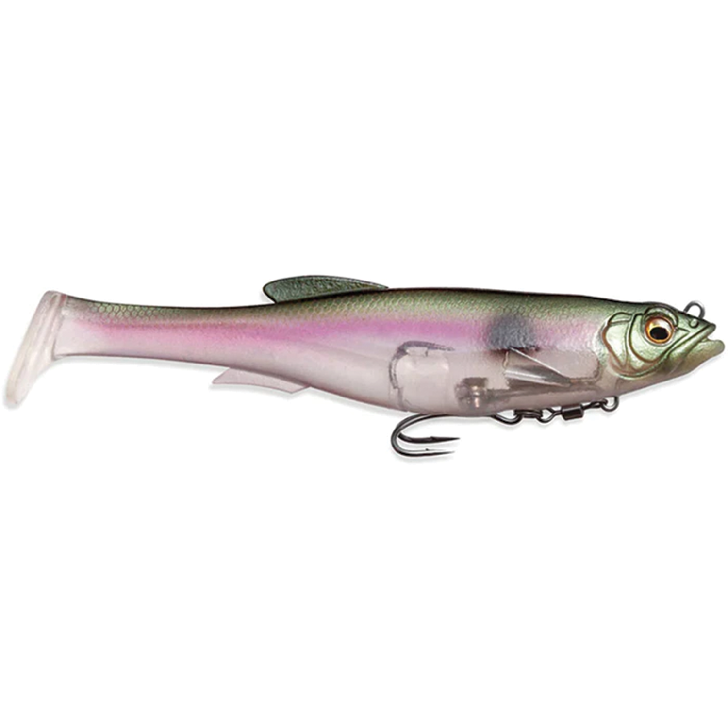Megabass Magdraft fishing lure designed to mimic a small baitfish with realistic coloring and detailed fins, featuring a sharp treble hook for effective fishing tackle use.