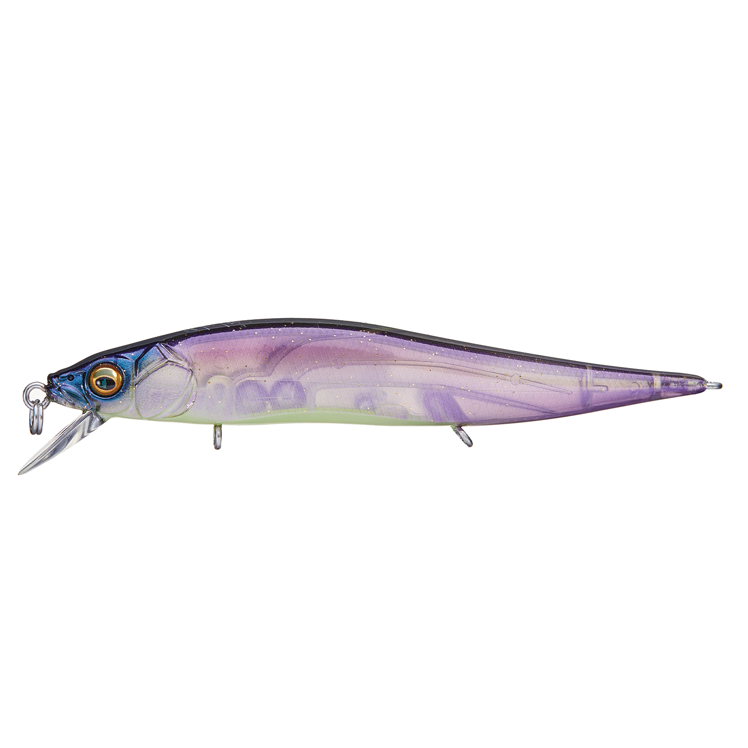 Megabass Vision 110 Jr. fishing lure with a sleek, elongated body in purple and translucent green hues, featuring detailed eyes, a small diving lip, and hook attachment points for fishing tackle use.