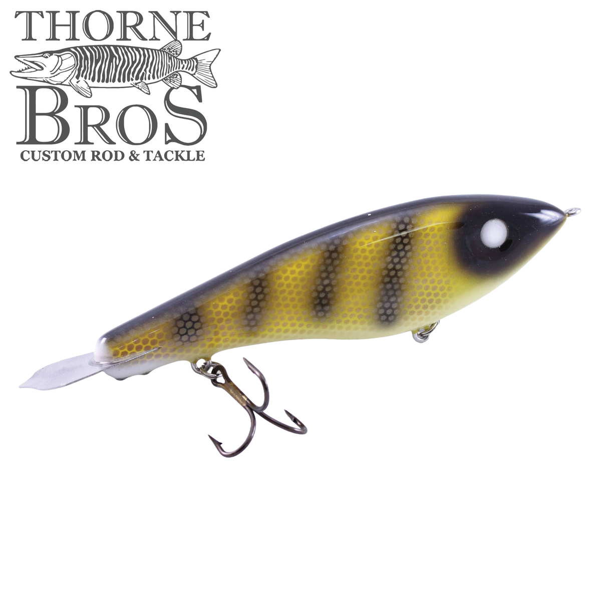 Bitten Warlock - REG. yellow and black striped musky fishing lure with treble hooks and a clear diving lip for freshwater fishing