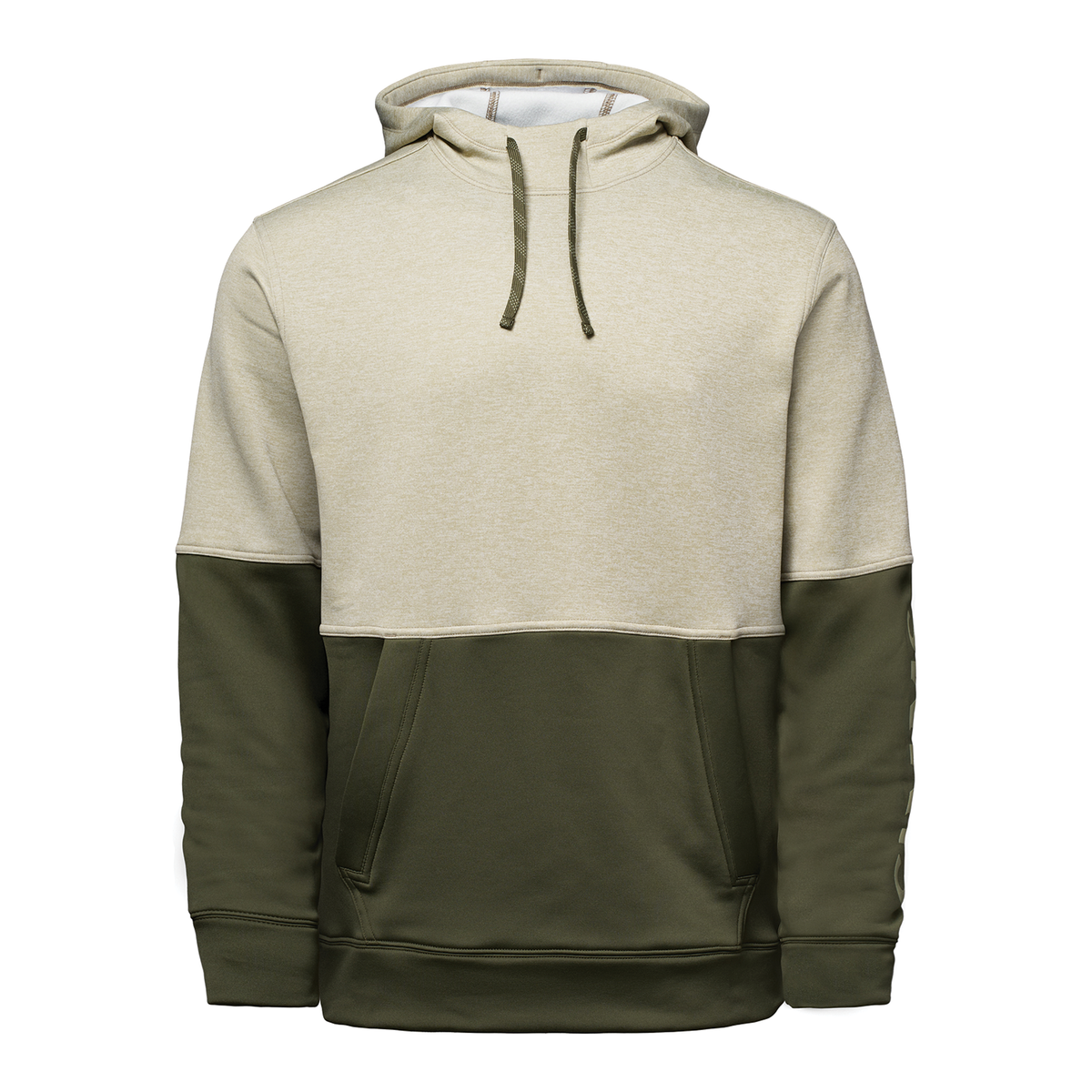 Simms Challenger Hoody - Men's (New 2027) in beige and olive with drawstring hood kangaroo pocket and long sleeves for fishing and outdoor wear