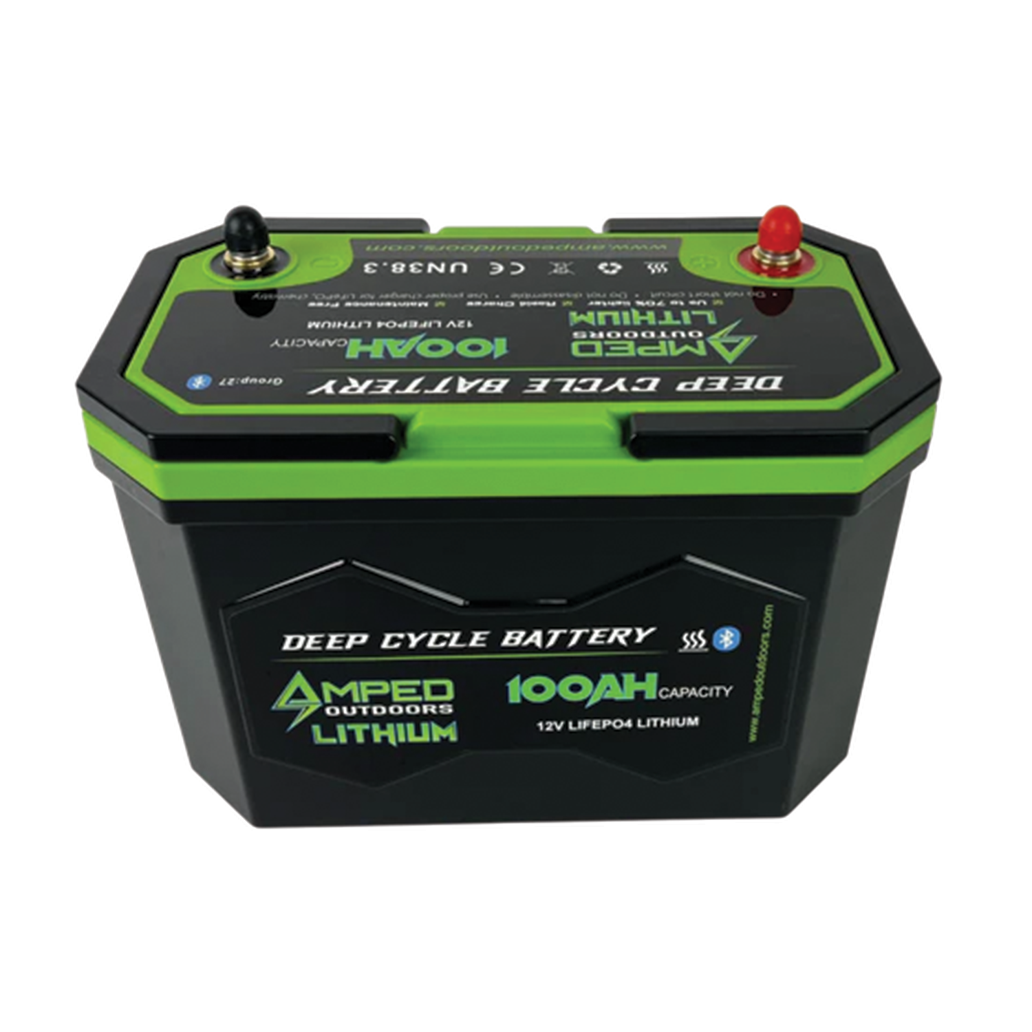 Amped Outdoors (LiFePO4) 100Ah 12v Lithium Battery - Battery Only featuring a compact, durable black and green deep cycle lithium design ideal for reliable power in fishing tackle and marine electronics.