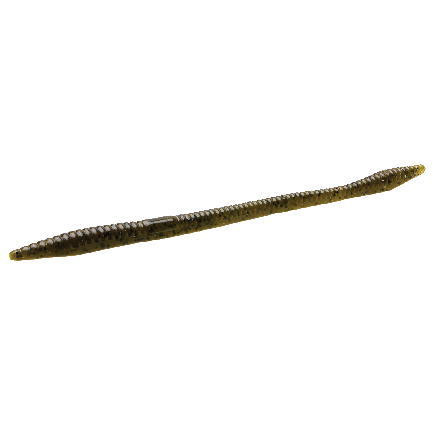 Zoom Bait Company Trick Worm soft plastic fishing lure in natural green and brown speckled color, designed for use with fishing tackle and rods.