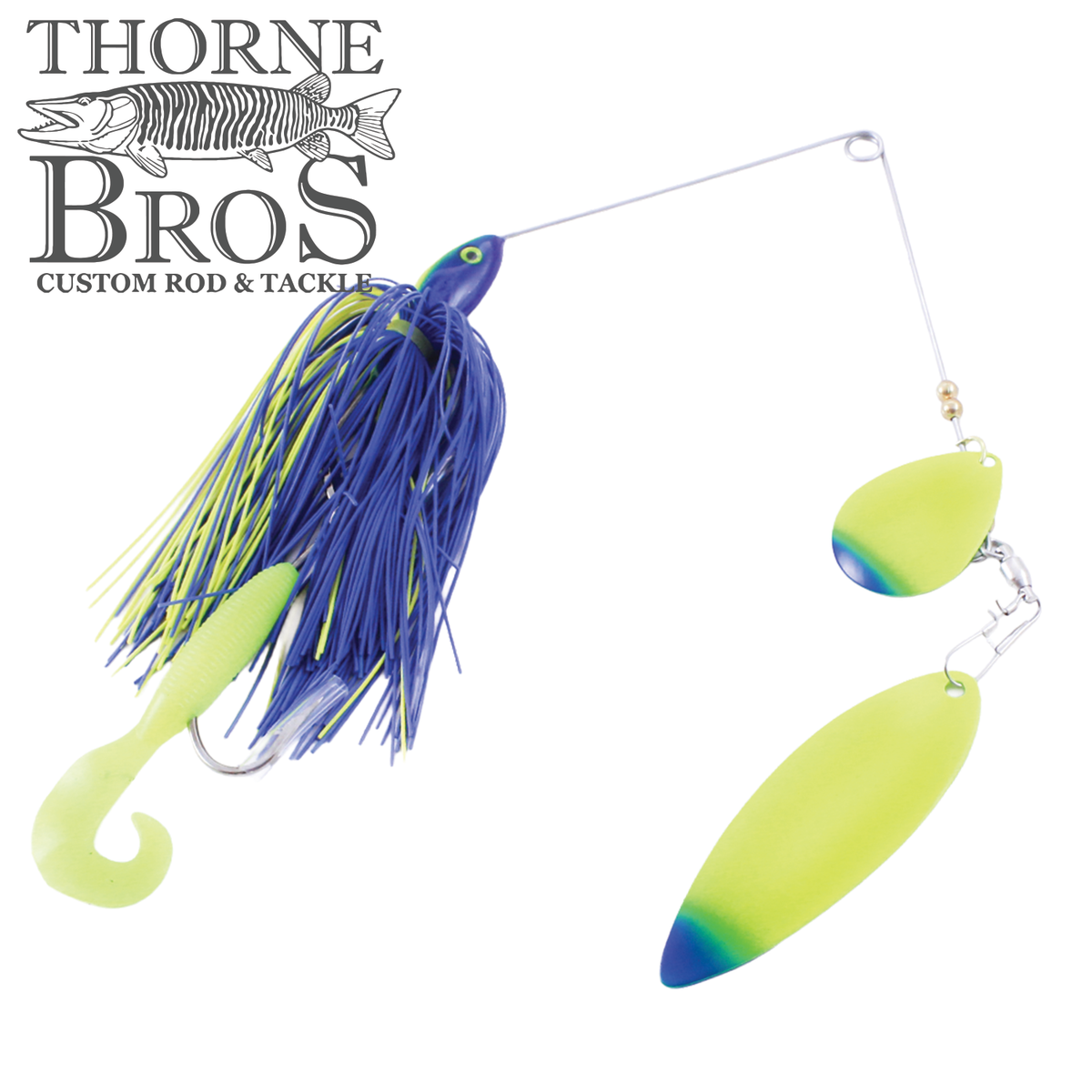 Ace Baits Small Spinnerbait with blue and chartreuse skirt twin willow blades and soft plastic trailer for musky fishing tackle