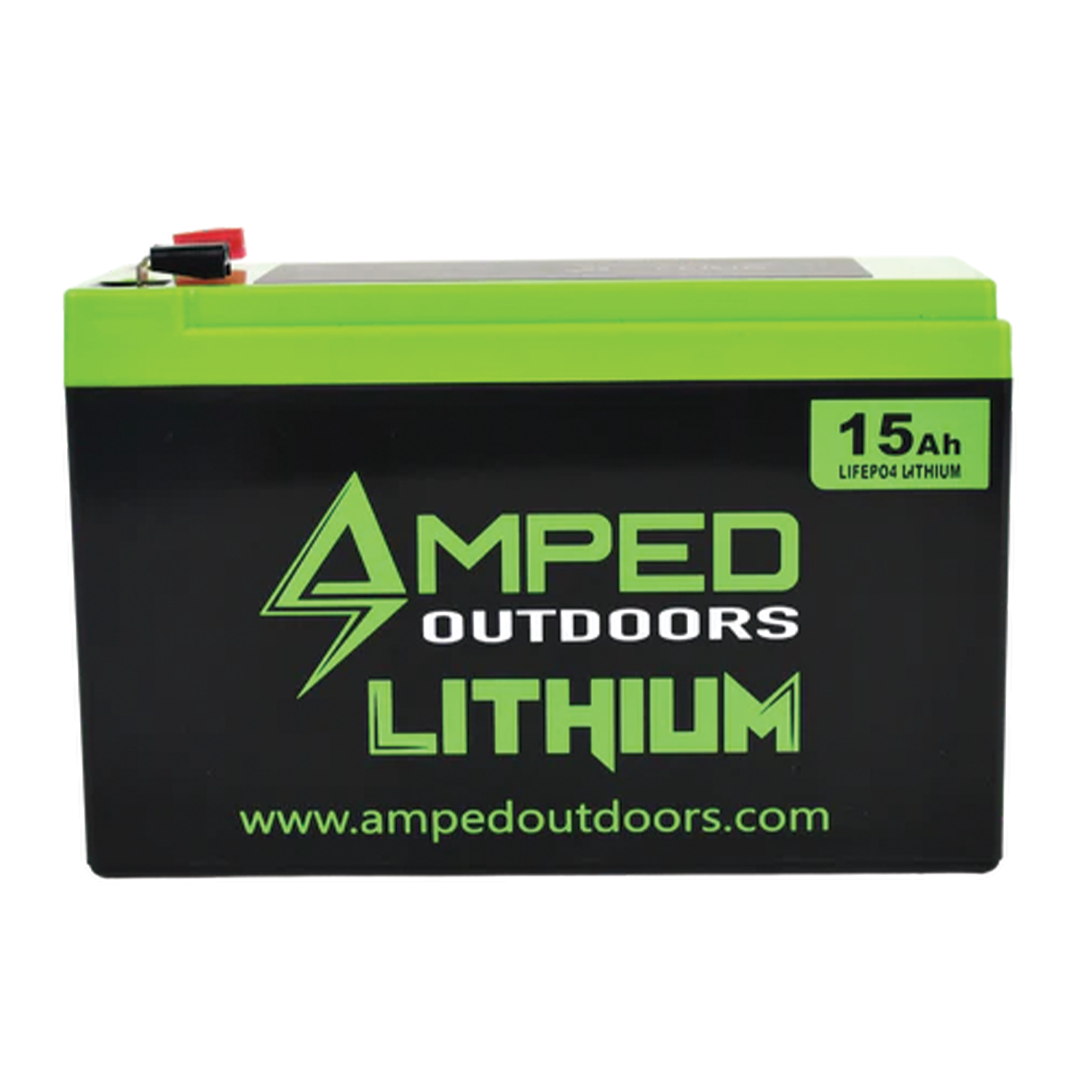 Amped Outdoors (LiFePO4) Lithium Batteries - Battery Only, green and black rechargeable 15 Ah lithium ion battery designed for reliable power in outdoor and fishing electronics.