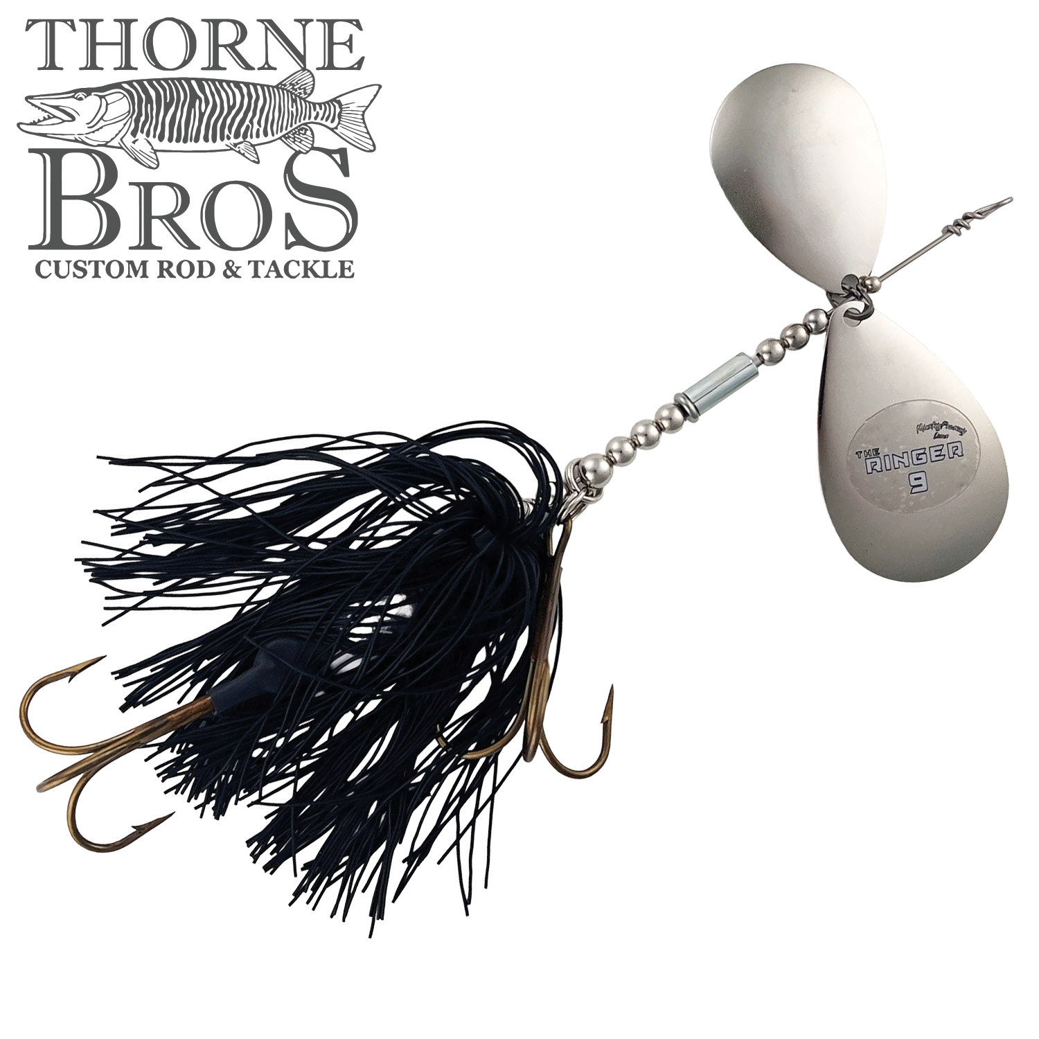 Fishing lure with silver twin blades and black skirt, designed for musky fishing, featuring the Musky Frenzy The Ringer 9 logo on one blade, presented by Thorne Bros.