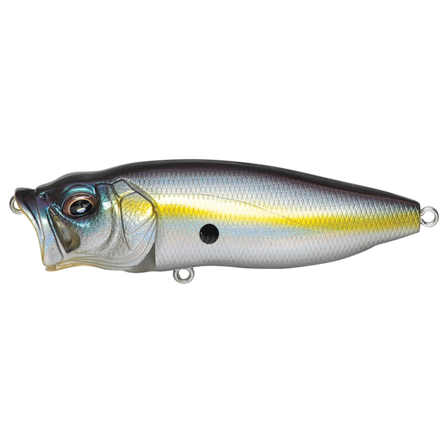 Megabass PopMax fishing lure with realistic fish scale pattern in silver, black, and yellow, designed for topwater fishing and effective musky tackle use.