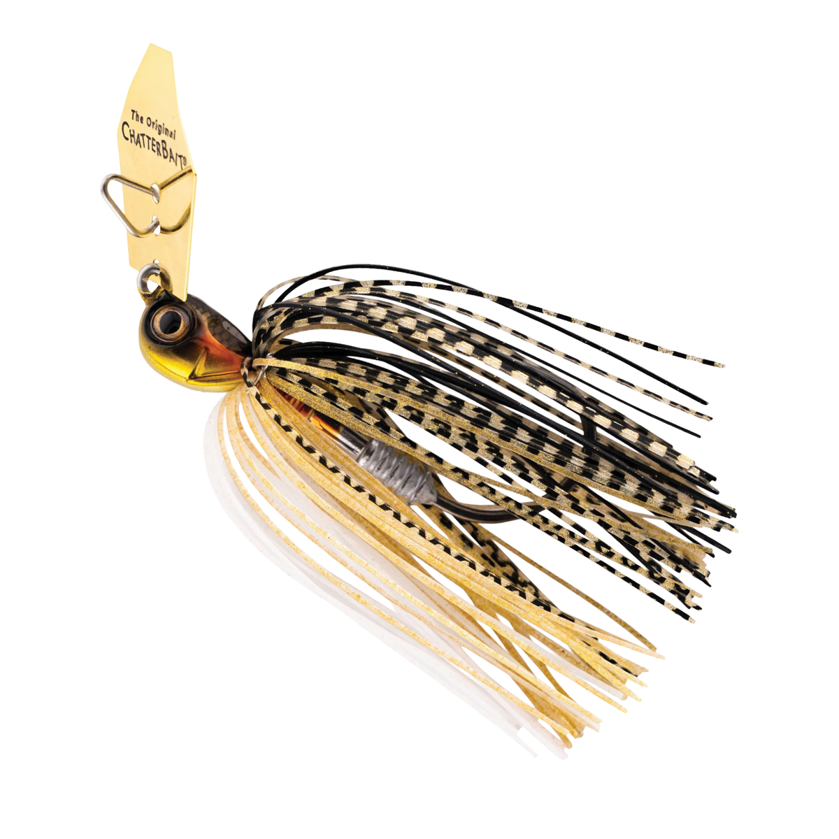 Z-Man Chatterbait Elite Evo HD fishing lure with a gold and black patterned skirt, detailed head, and metallic blade for enhanced water vibration and attraction.