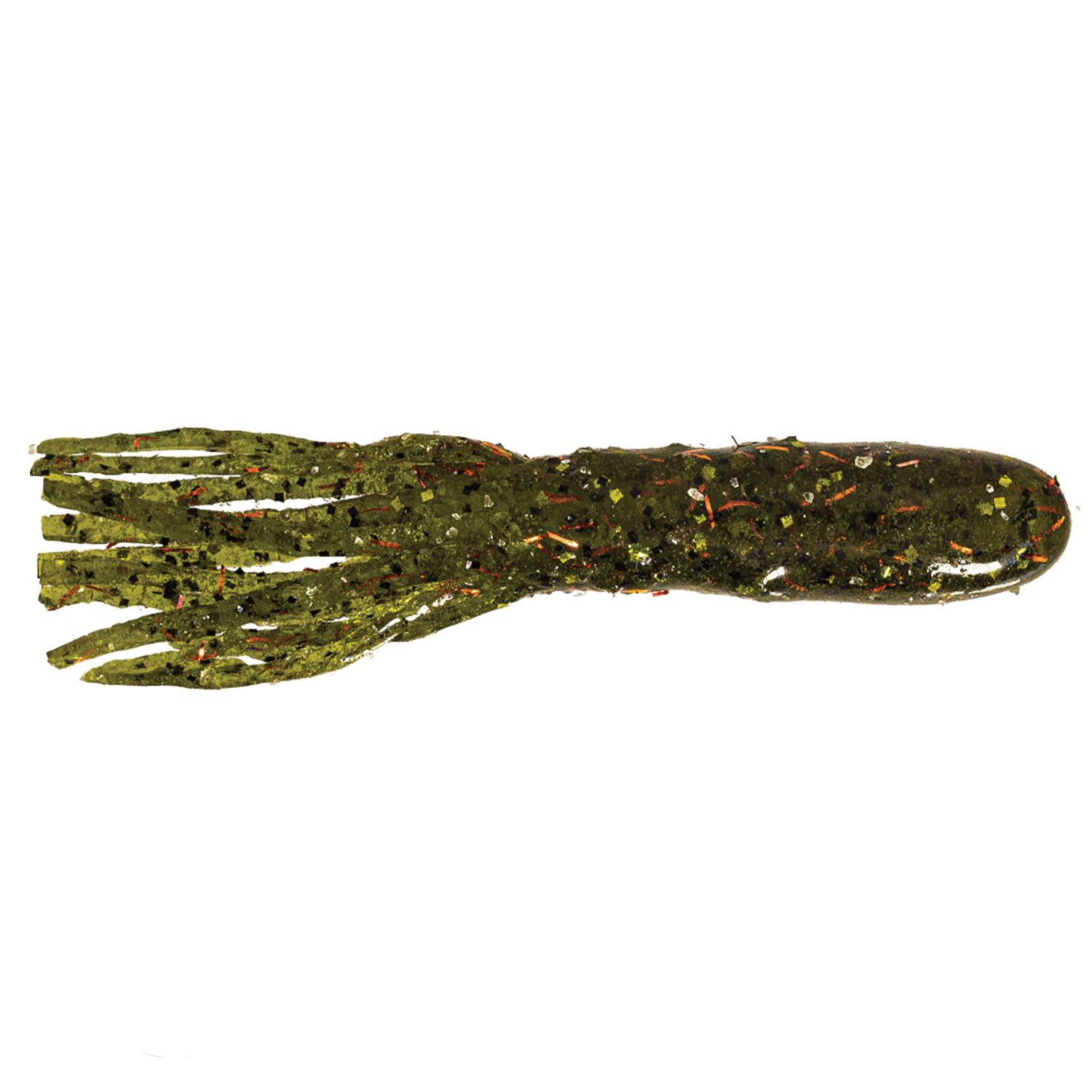 X-Zone X-Tubes fishing lure in green with orange and black flecks, featuring multiple soft tentacles designed to attract musky and other game fish.