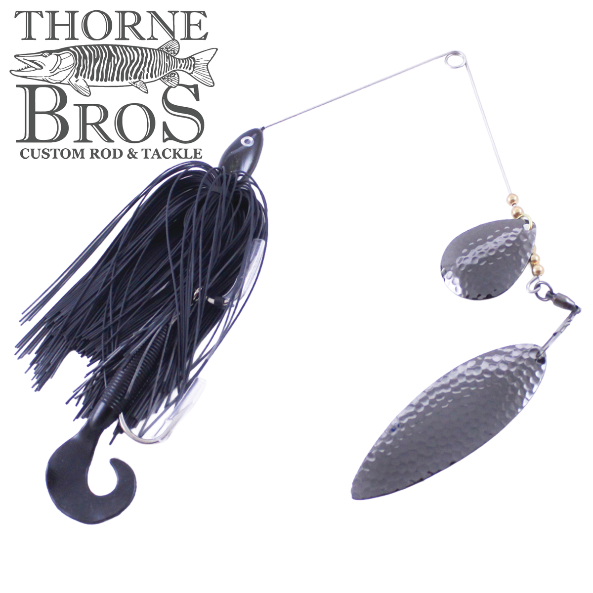 Ace Baits Big Ace Spinnerbait black skirted musky fishing lure with twin hammered blades and large hook for fishing tackle