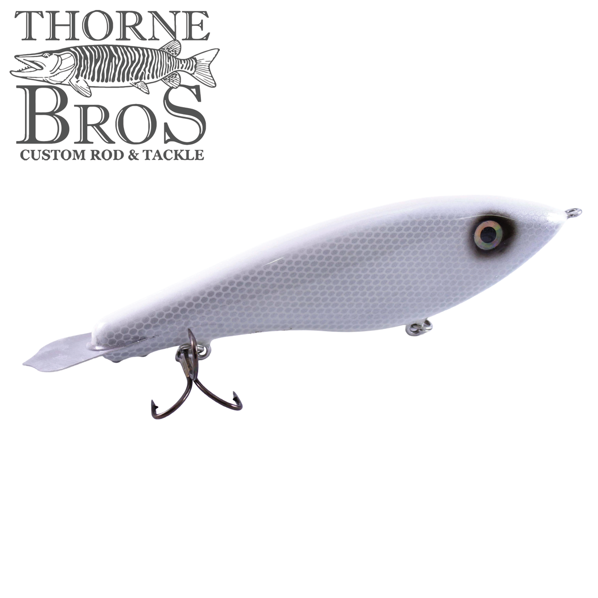 Bitten Warlock - MAG. white and gray fish shaped musky fishing lure with realistic scales two treble hooks and a tail blade by Thorne Bros