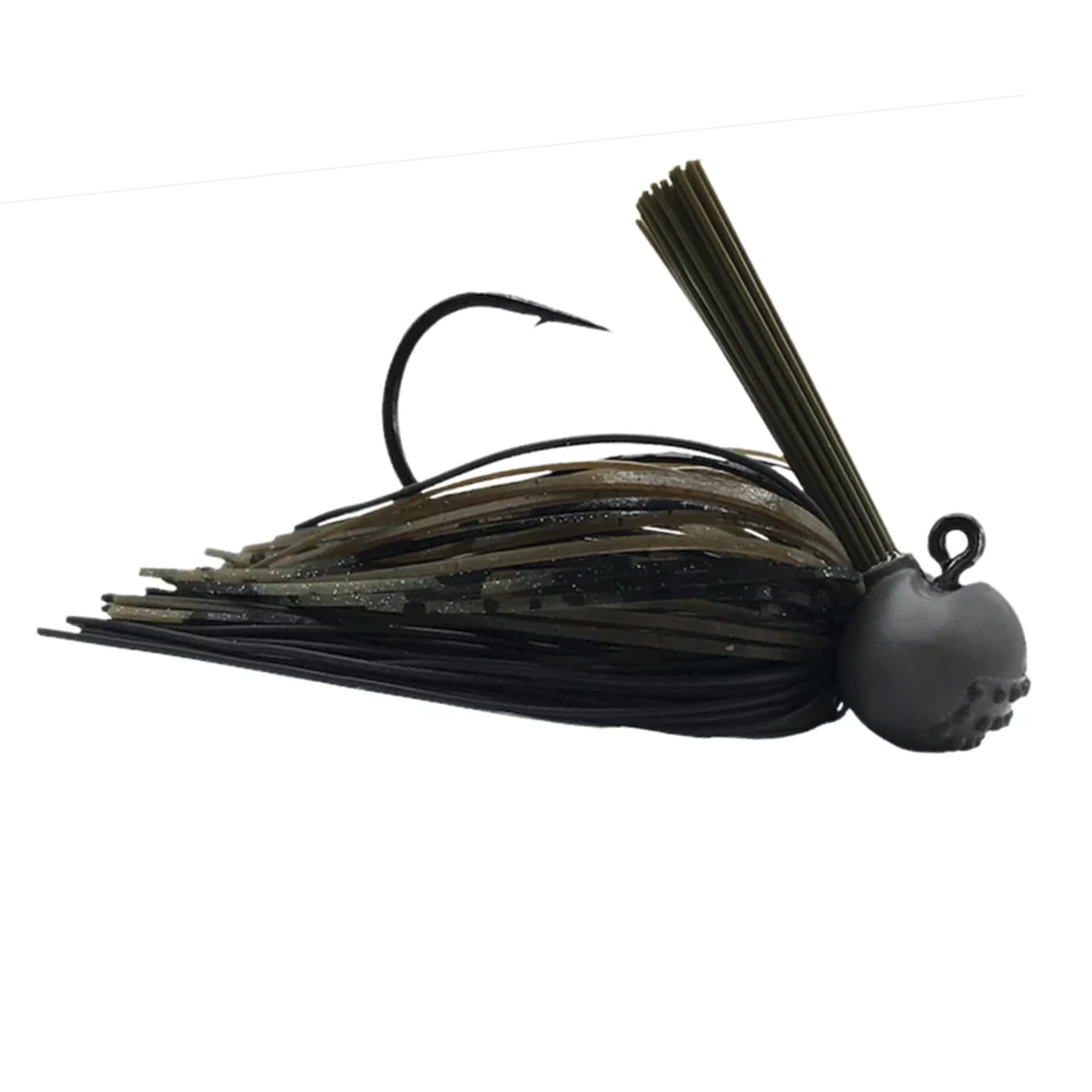 Beast Coast Compound Baby Dozer Football Jig featuring a dark olive and black skirt, weighted football-shaped head, and a sharp fishing hook designed for effective fishing tackle use.