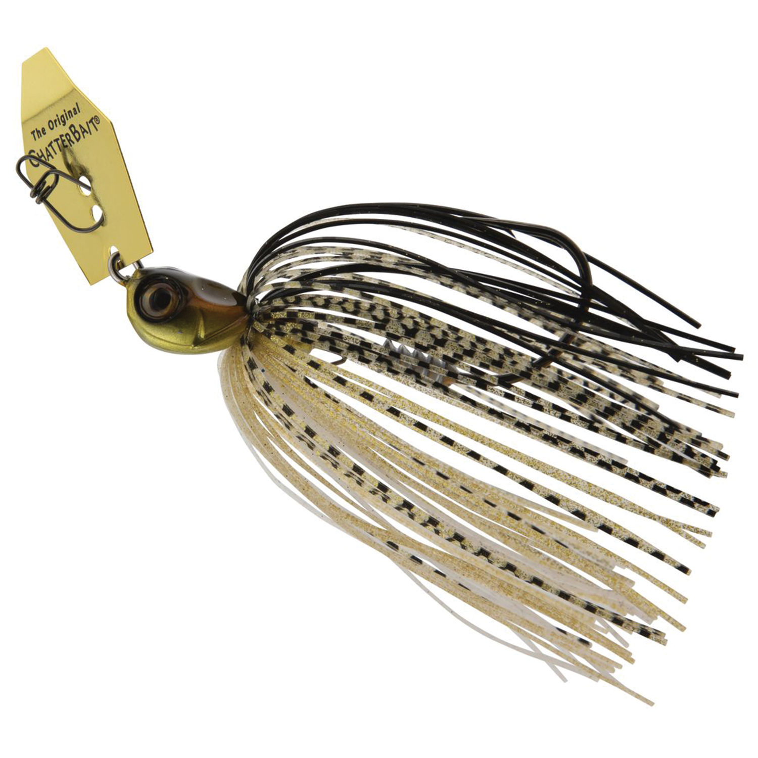 Z-Man Chatterbait Elite Evo fishing lure with a gold blade and black, tan, and white skirt designed for musky and freshwater fishing tackle.