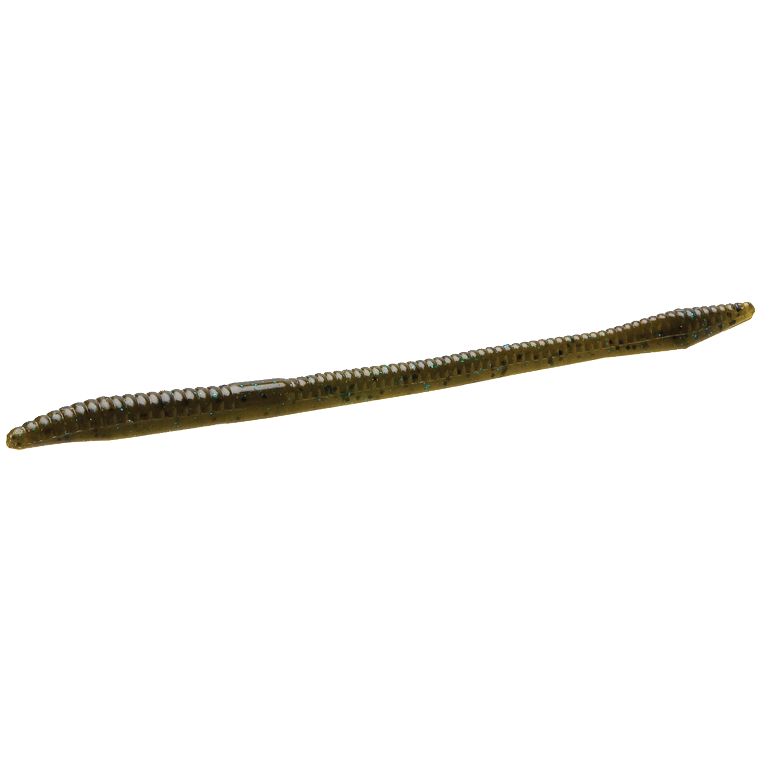 Zoom Bait Company Trick Worm fishing lure in olive green with ribbed texture and subtle blue flecks designed for use in freshwater fishing tackle.