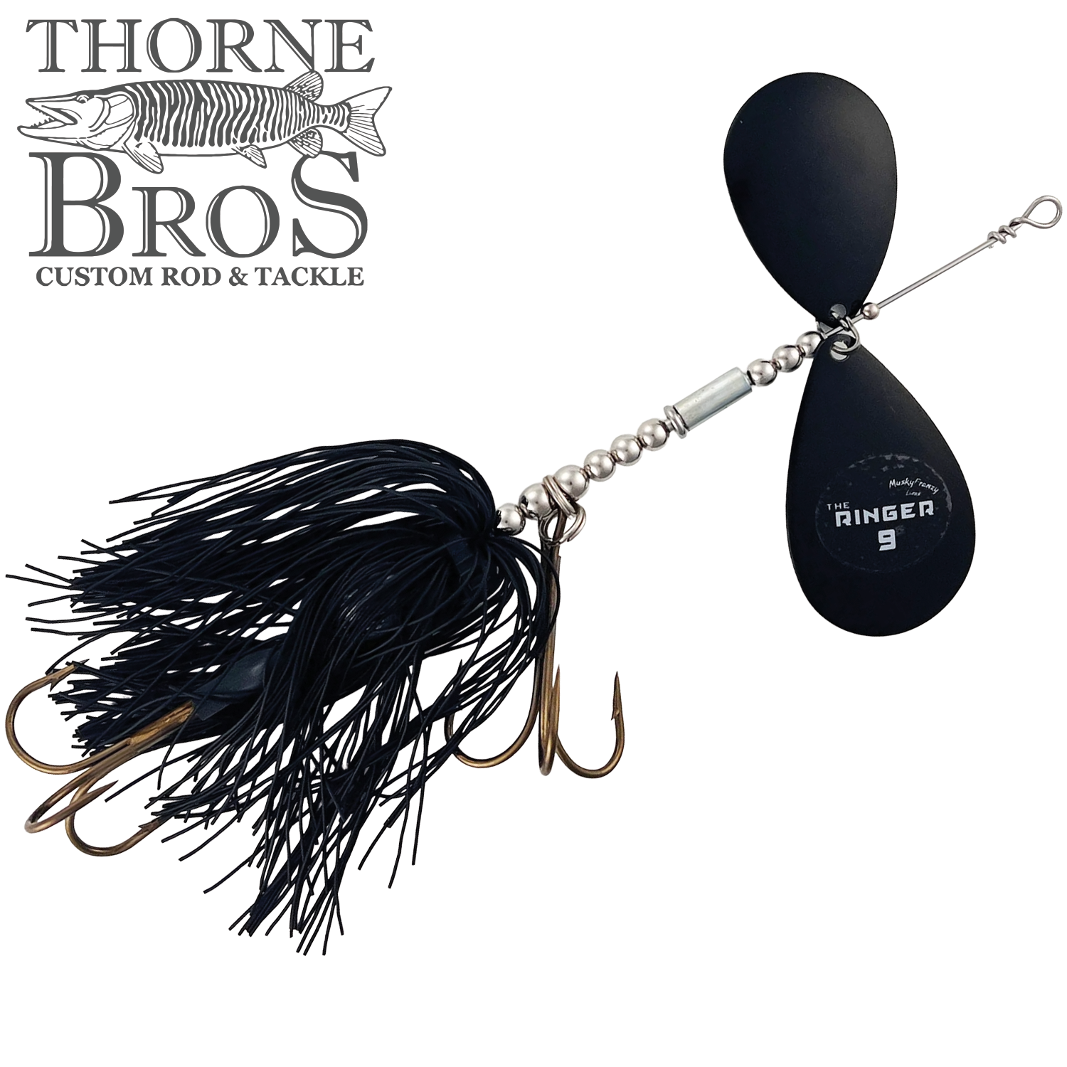 Musky Frenzy The Ringer 9 fishing lure featuring black rubber skirt, silver spinner blades, and sharp treble hooks designed for musky fishing, with Thorne Bros logo.