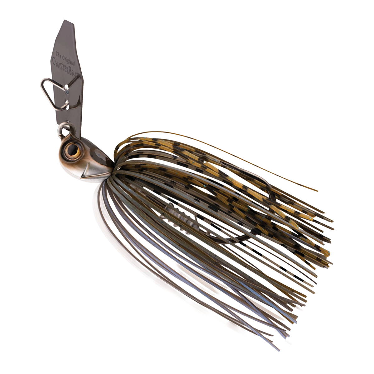 Z-Man Chatterbait Elite Evo HD fishing lure with a metallic blade and multi-colored skirt designed for attracting musky and freshwater fish.