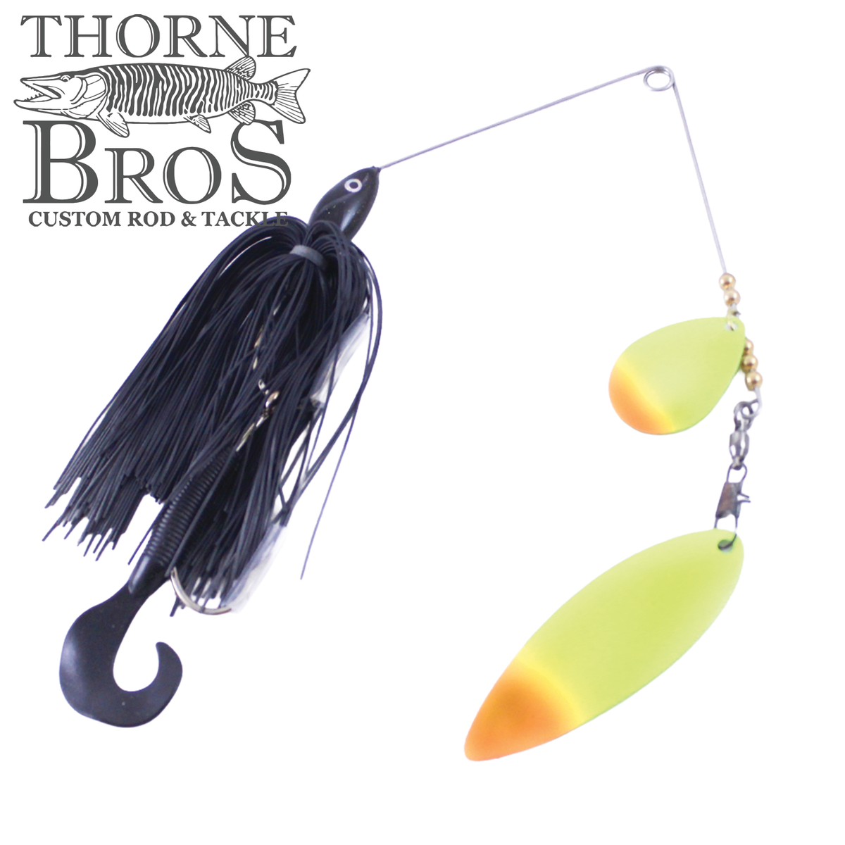 Ace Baits Big Ace Spinnerbait with a black skirt weed guard curved hook and two chartreuse orange spinner blades for musky fishing tackle