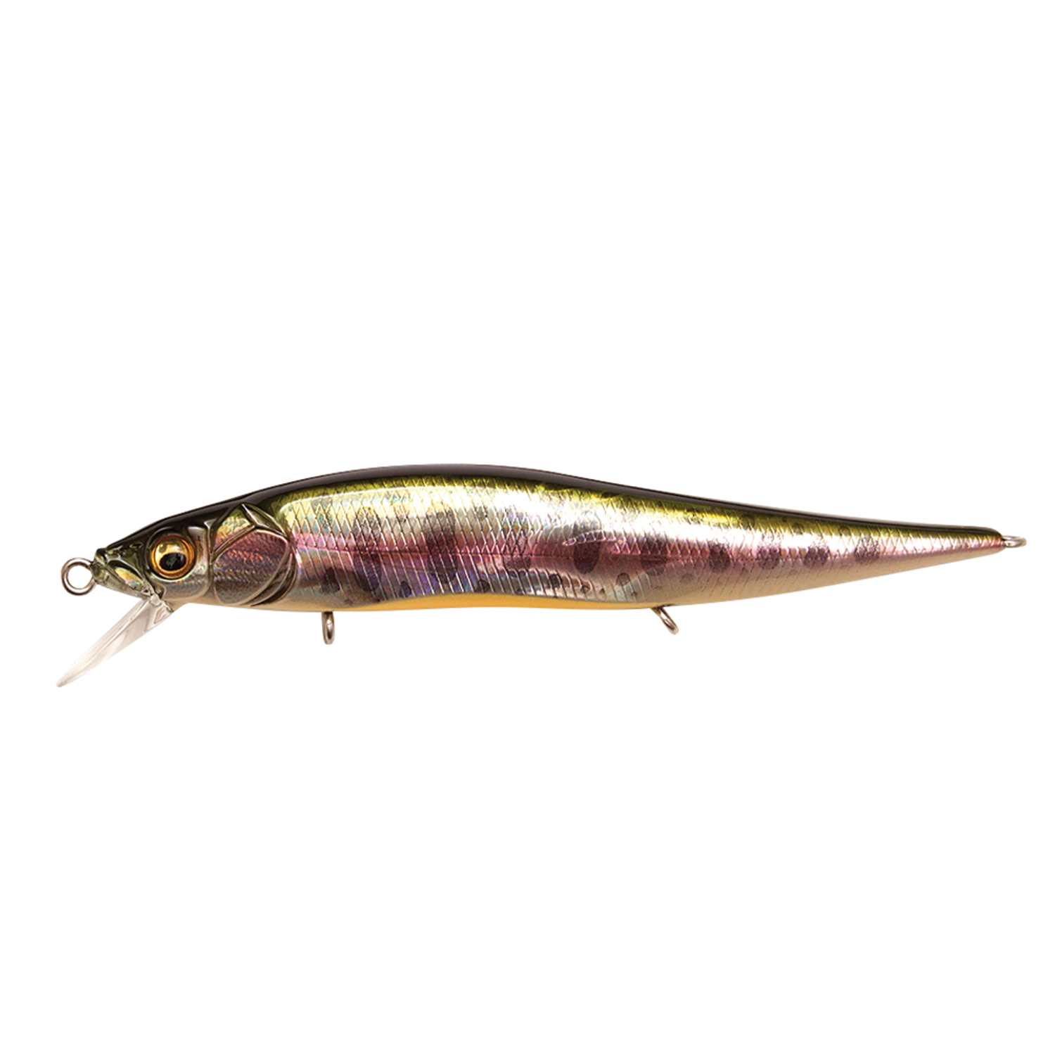 Megabass Vision 110 Jr. fishing lure designed with a realistic minnow shape, featuring a reflective multicolor finish and detailed eyes for effective fishing tackle use.