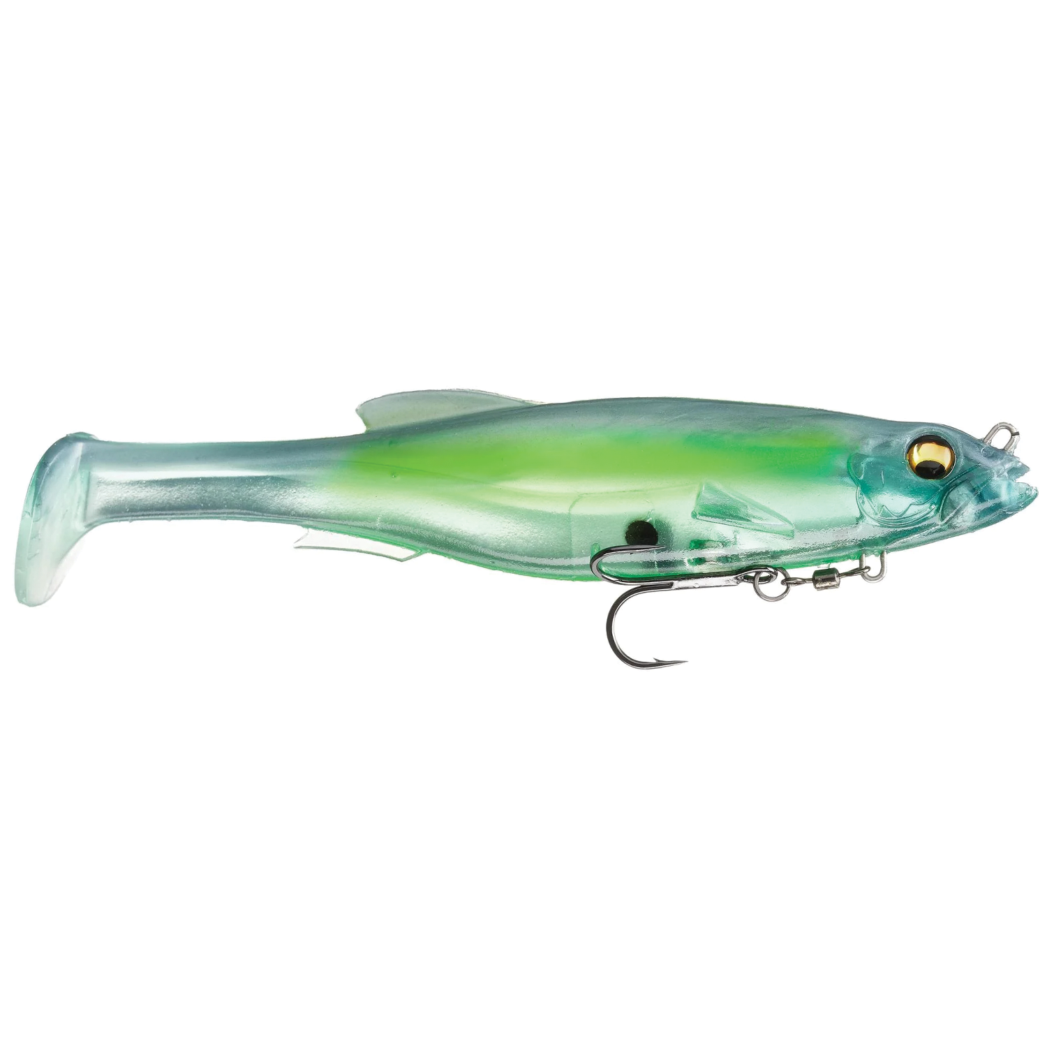 Megabass Magdraft soft fishing lure in translucent blue and green with a paddle tail and a single sharp hook, designed for effective fishing tackle performance.