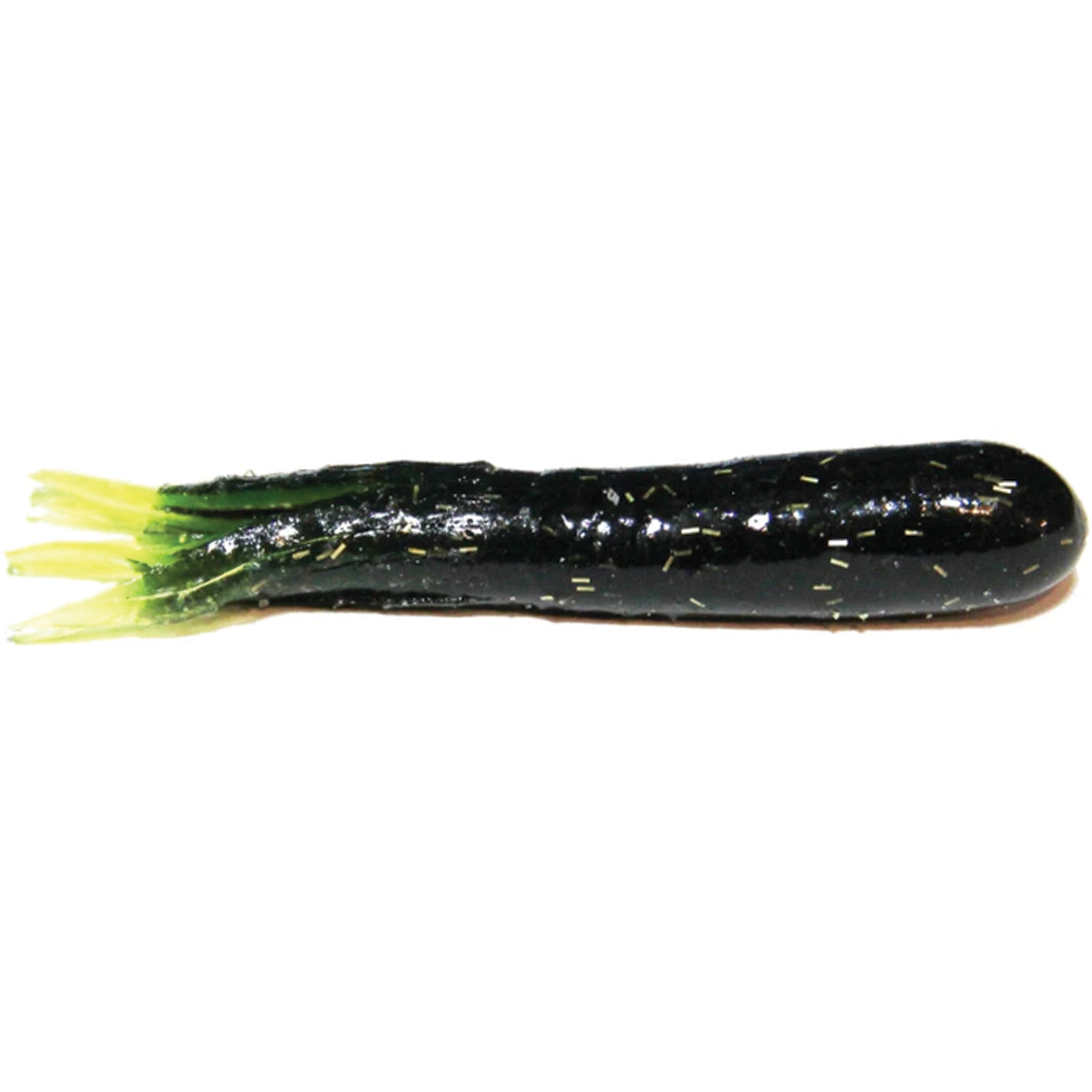 Black and green soft plastic fishing lure with segmented tail designed for freshwater fishing, featuring the X-Zone X-Tubes style for effective musky and predator fishing.