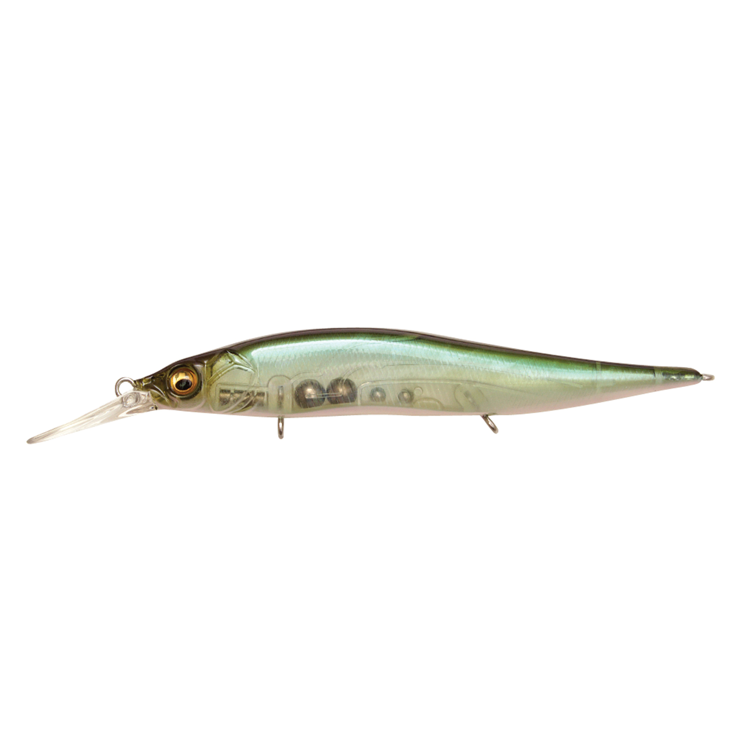 Megabass Vision 110+1 Jr. fishing lure with a translucent green body, detailed fish eye, and internal ball bearings for balanced movement in fishing tackle.
