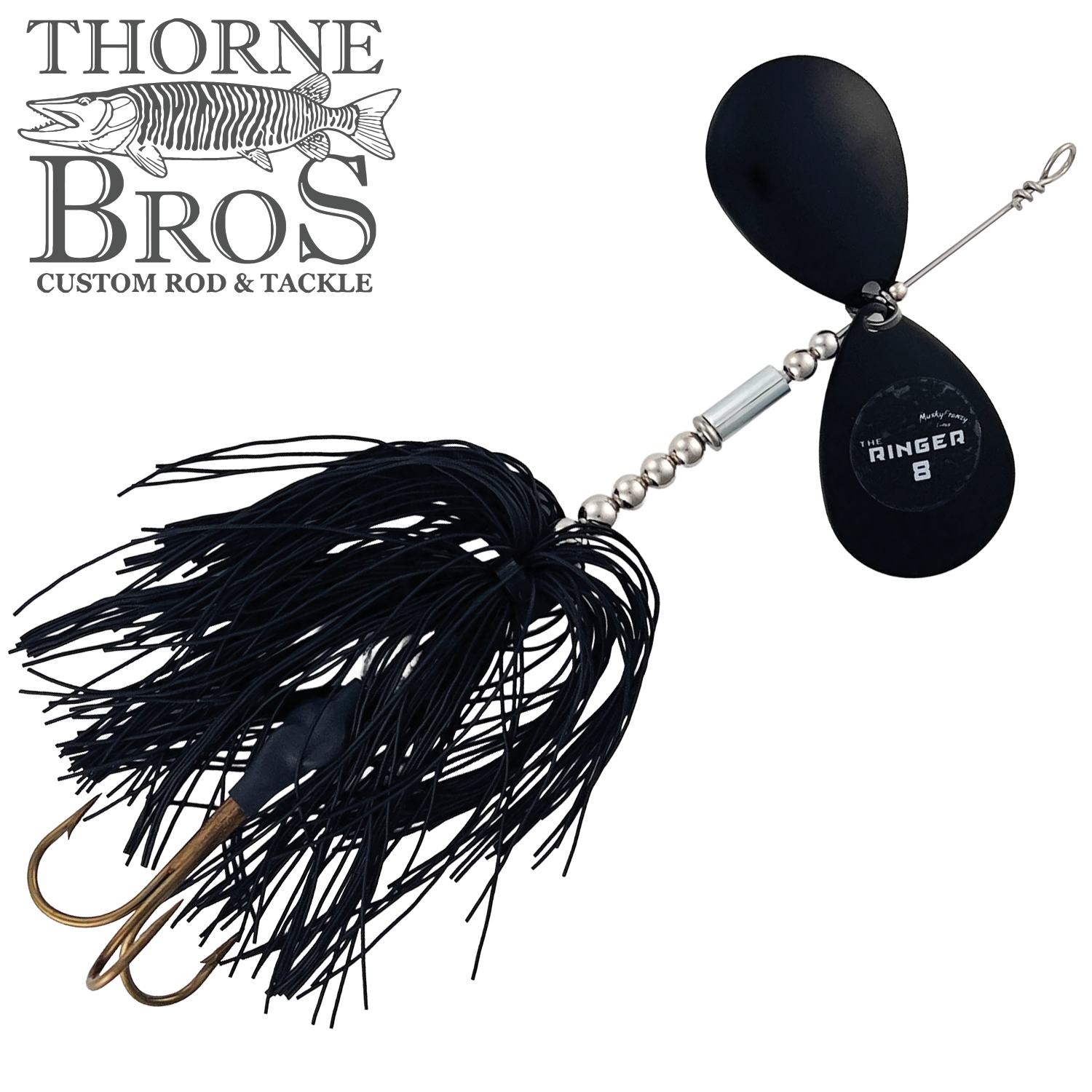 Musky Frenzy The Ringer 8 fishing lure with black skirt, twin gold hooks, and dual black spinner blades, designed for musky fishing and featured with Thorne Bros logo.