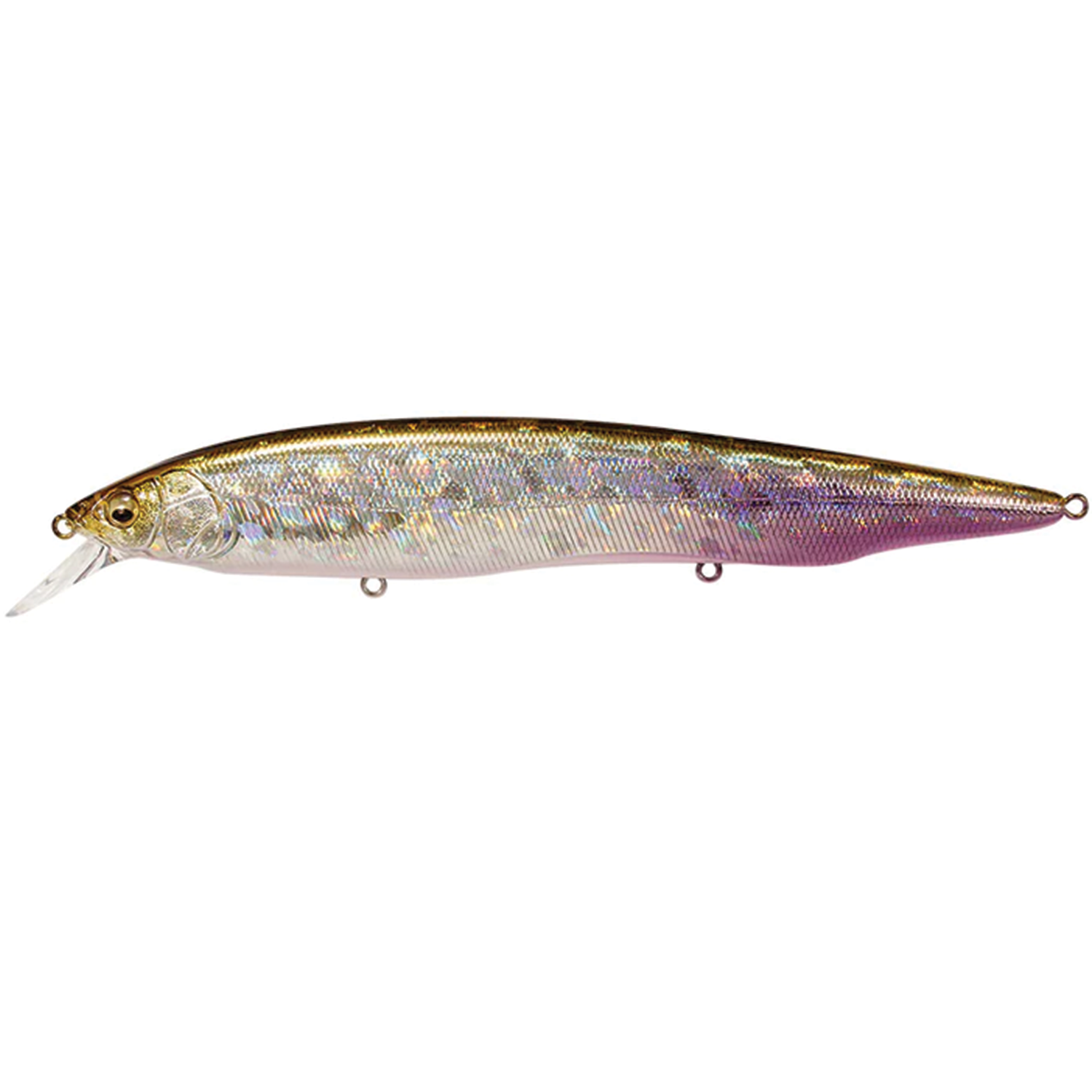 Megabass Kanata fishing lure with a slender, minnow-shaped body featuring a reflective, iridescent finish in gold, silver, and purple tones, designed for realistic fishing tackle.