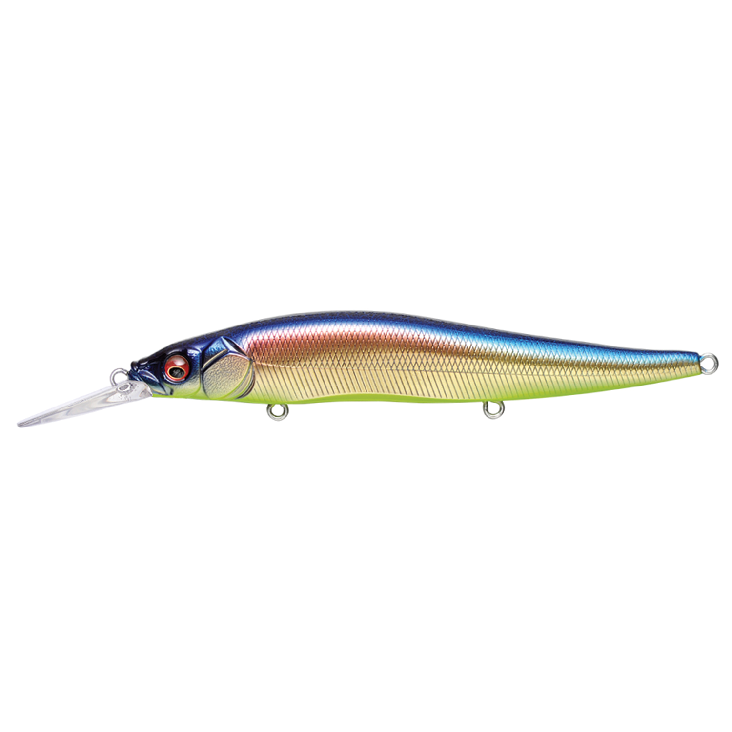 Megabass Vision 110+1 fishing lure in metallic blue, gold, and green hues with a red eye and a clear angled diving lip designed for effective fishing tackle use.