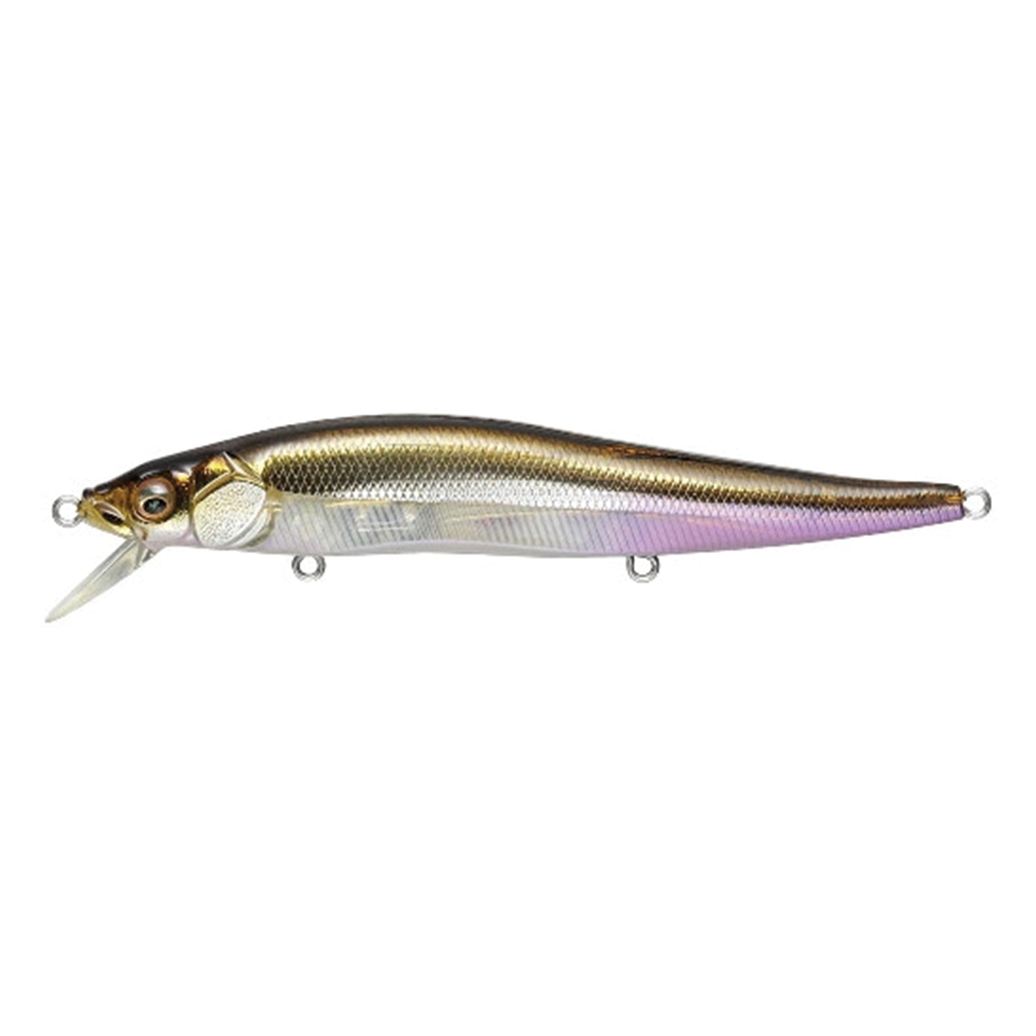 Megabass Vision 110 fishing lure with a slender, elongated body featuring a metallic gold and silver finish, designed for realistic baitfish imitation in fishing tackle.