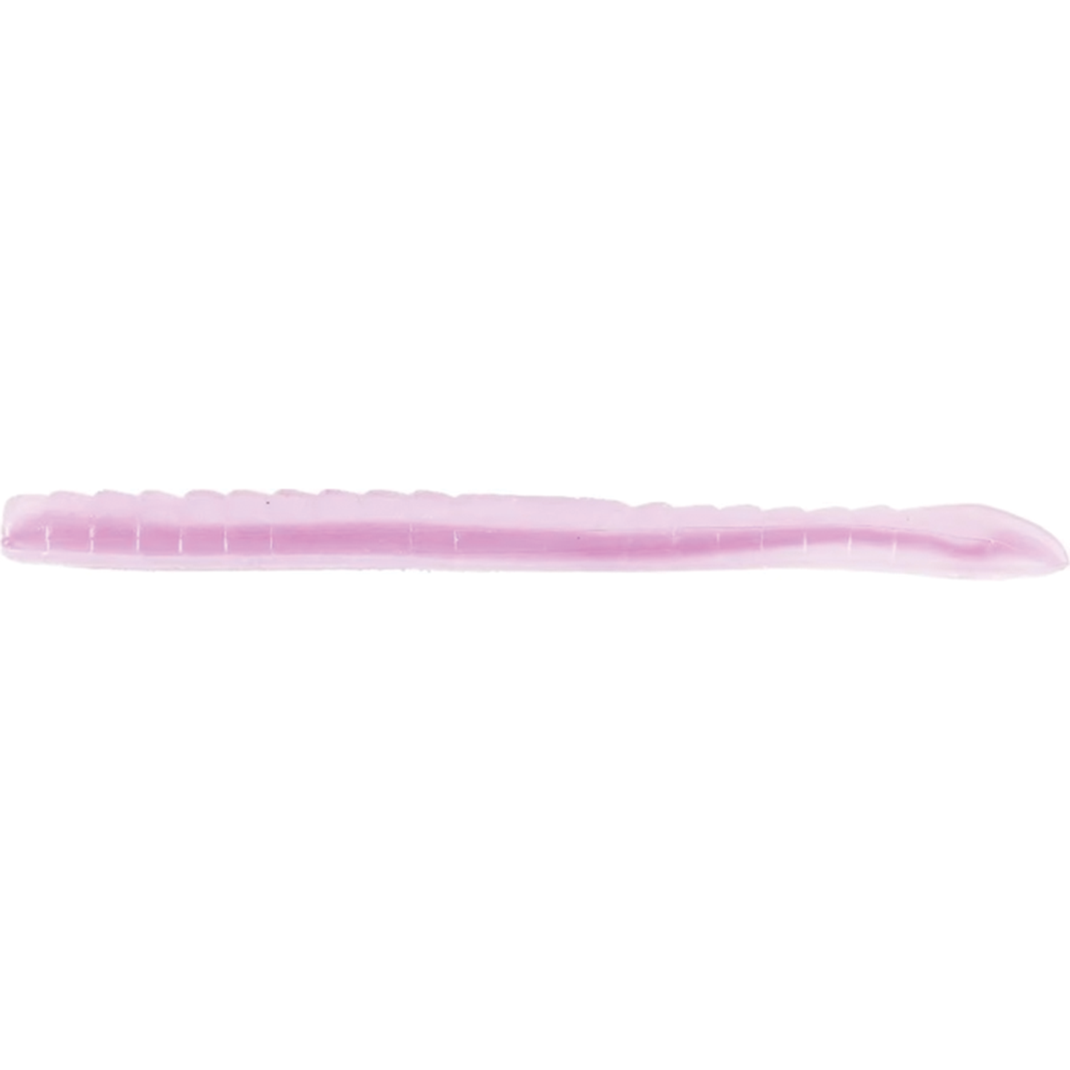 Pink soft plastic fishing lure with ribbed body and tapered tail, designed for fishing tackle, labeled as Missile Baits & Roboworm 4" Mini Magic Worm.