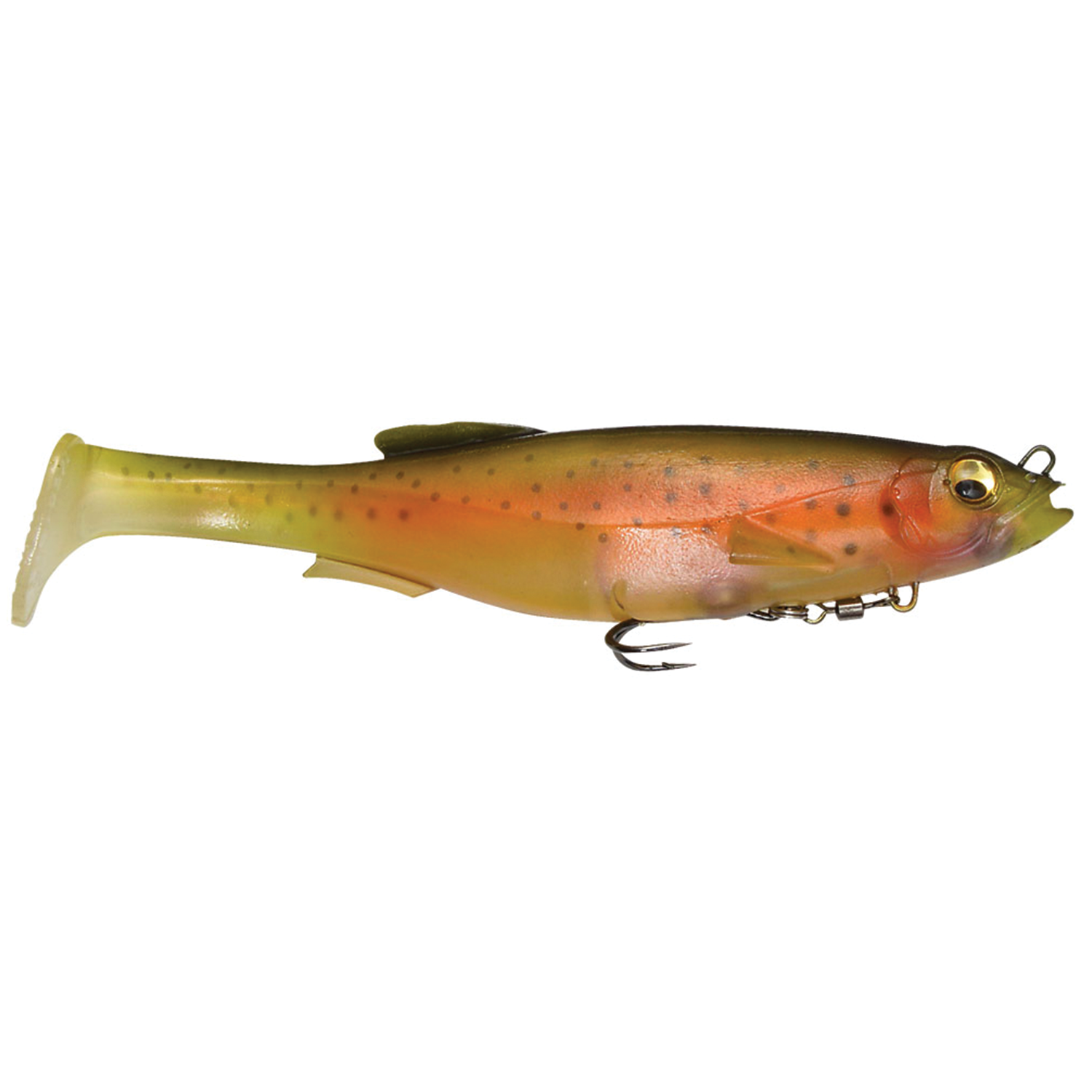 Megabass Magdraft soft plastic fishing lure in natural orange and green hues with lifelike fish detailing and a durable treble hook for freshwater fishing tackle.