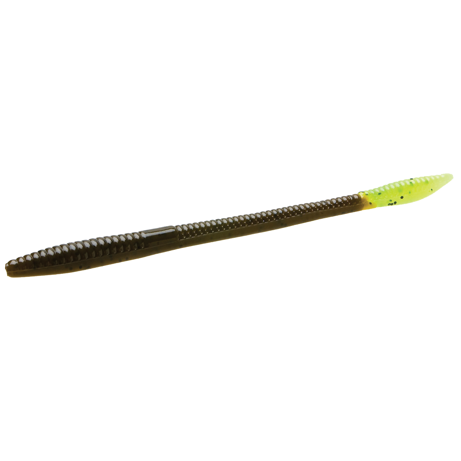 Zoom Bait Company Trick Worm fishing lure in brown and chartreuse colors with ribbed body and tapered tail, designed for effective fishing tackle use.